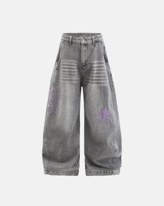 Omygoods Spider Graphic Rhinestone Barrel Jeans