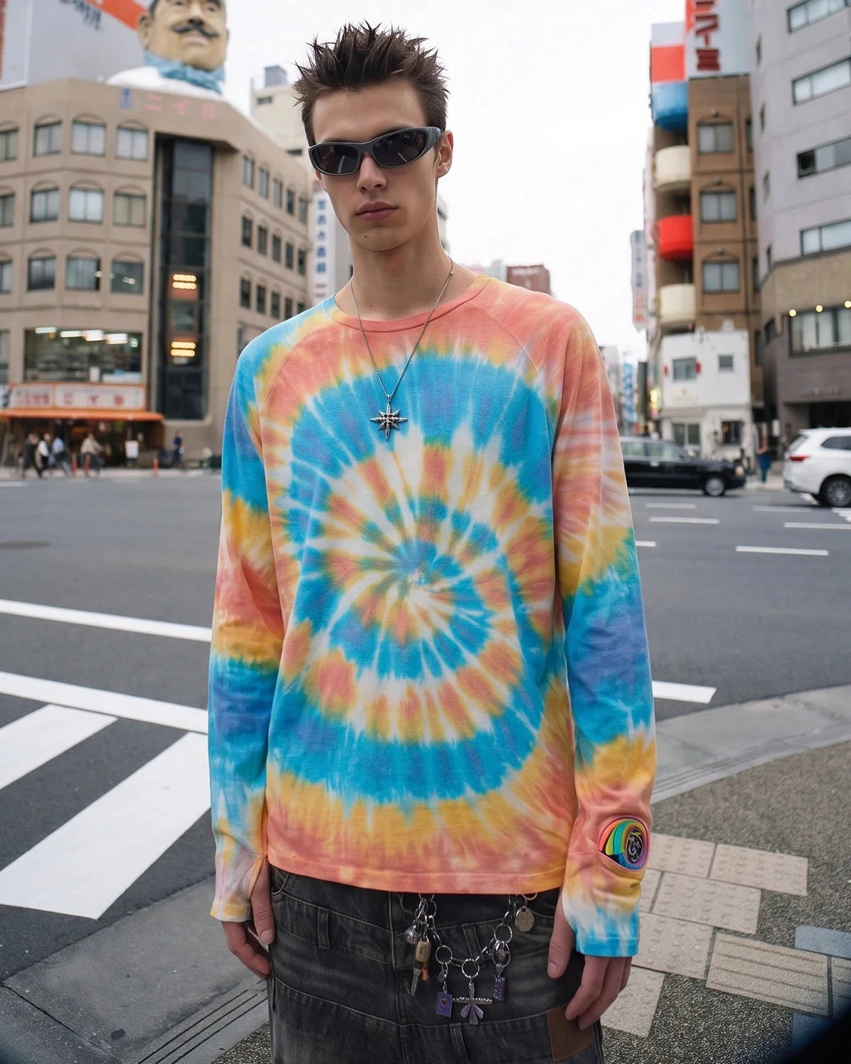 Omygoods Spiral Tie-Dye Wool Blend Long Sleeve T-Shirt