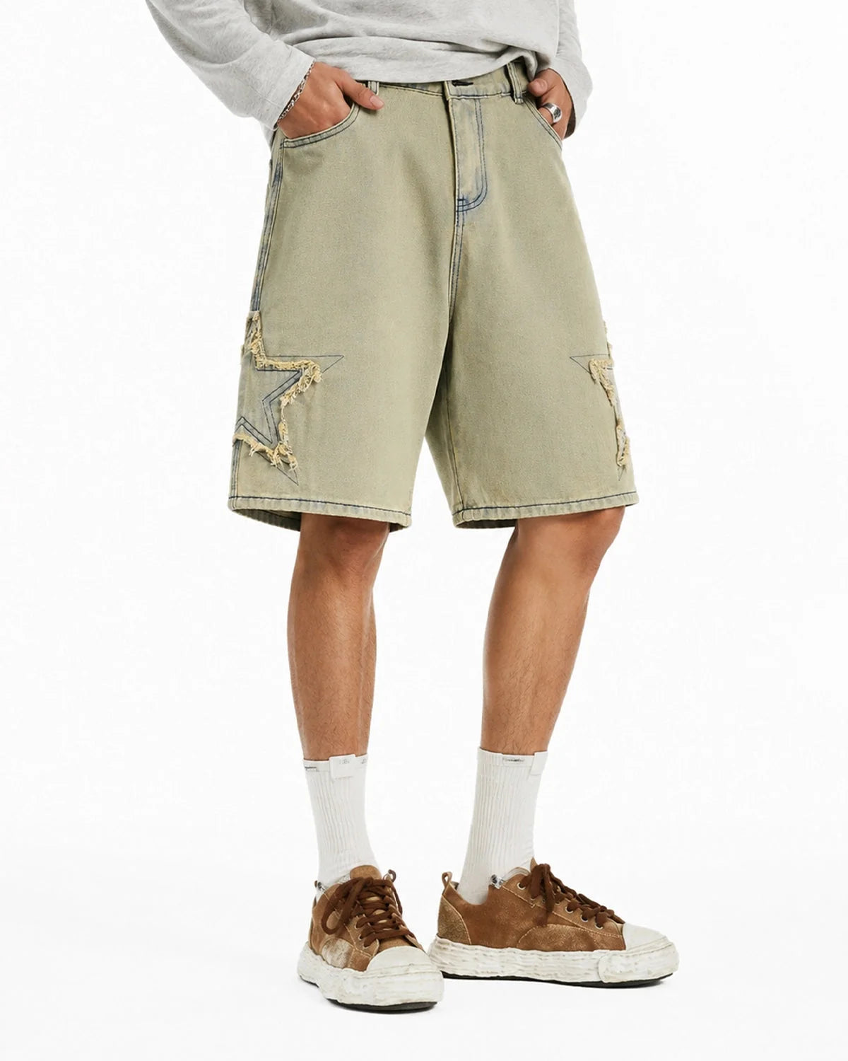 Omygoods Star Patch Distressed Baggy Jorts
