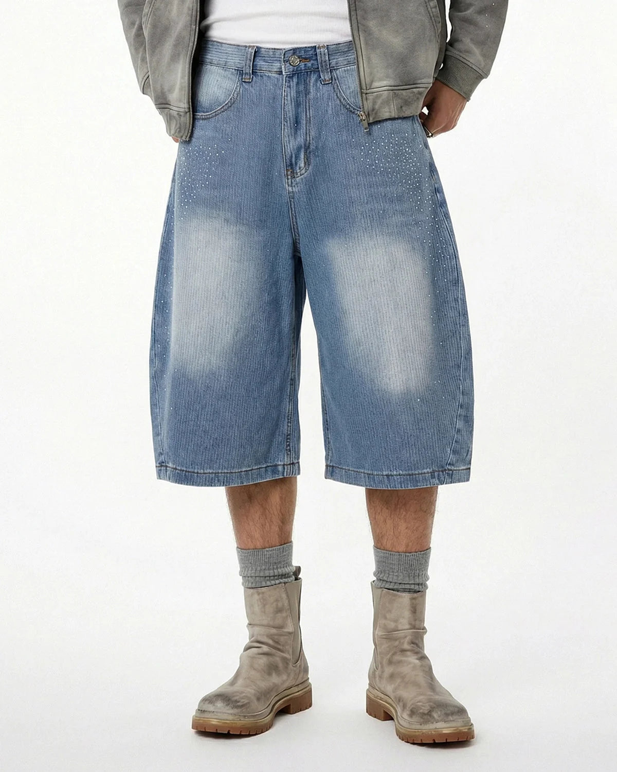 Omygoods Star Rhinestone Longline Denim Shorts