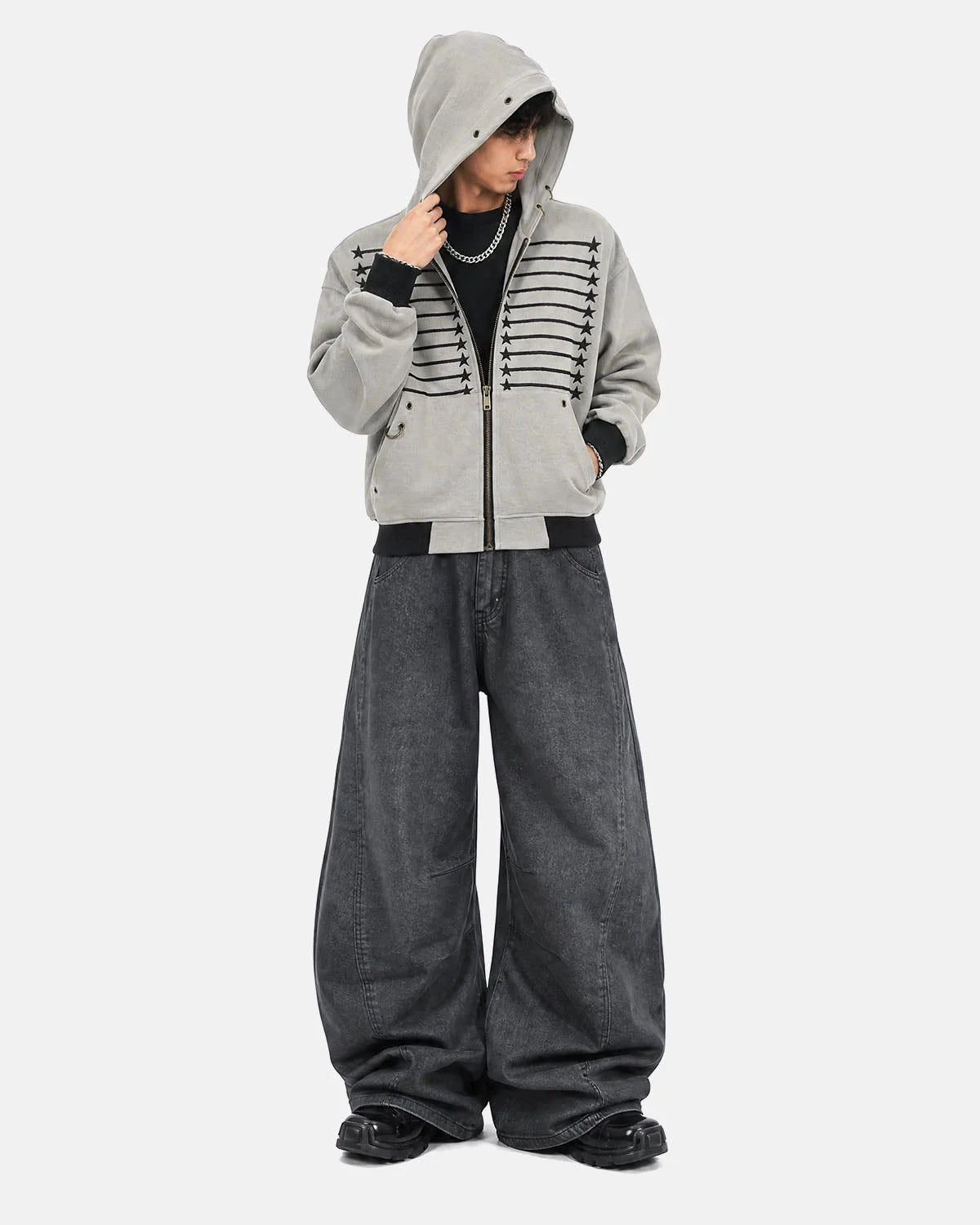 Omygoods Star Trim Graphic Boxy Zip Up Hoodie