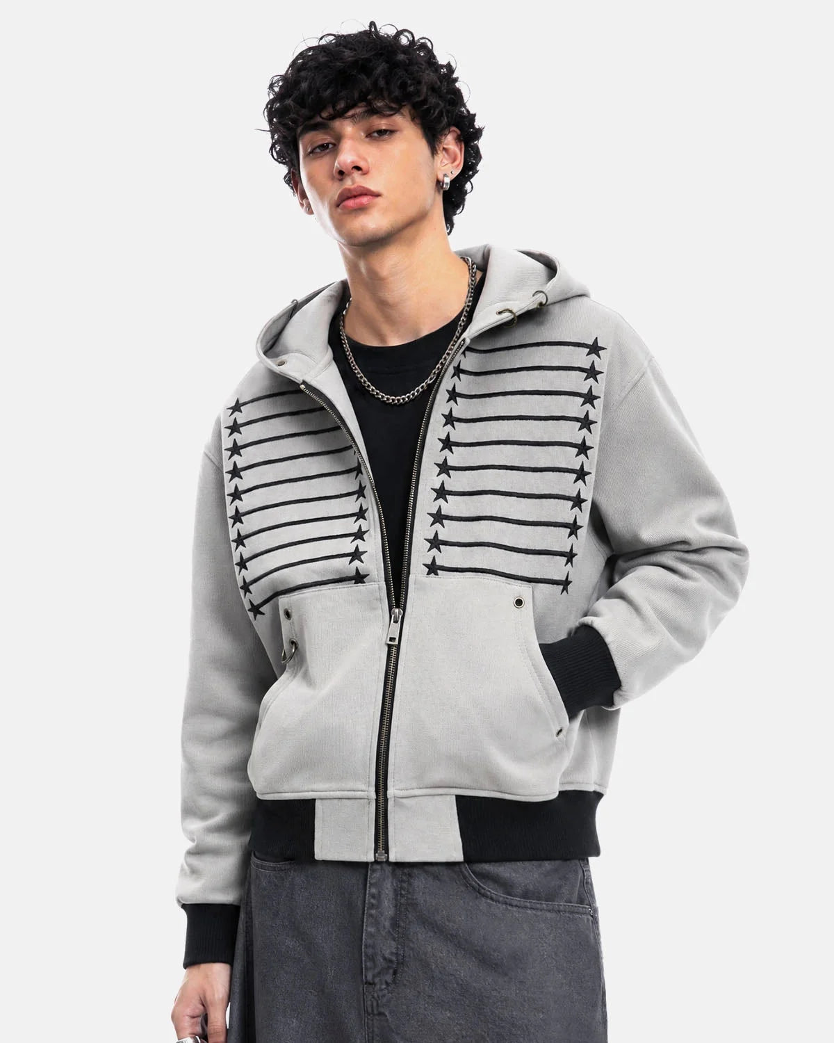 Omygoods Star Trim Graphic Boxy Zip Up Hoodie