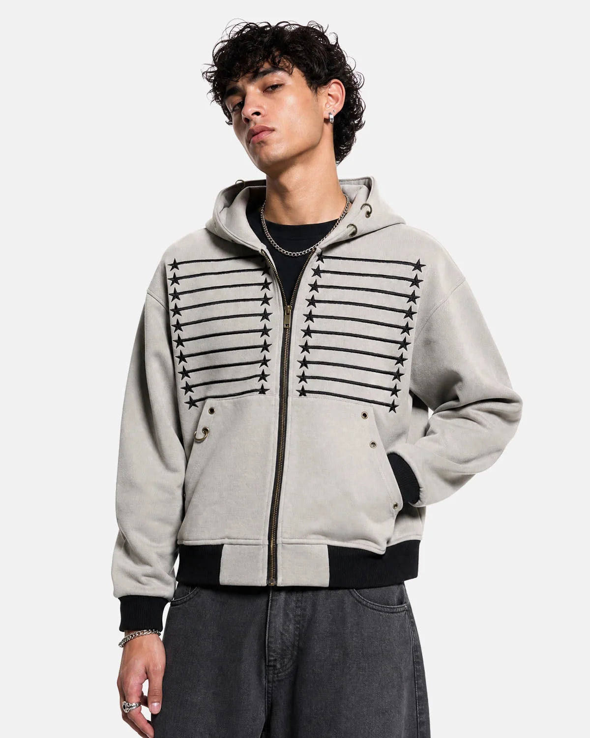 Omygoods Star Trim Graphic Boxy Zip Up Hoodie