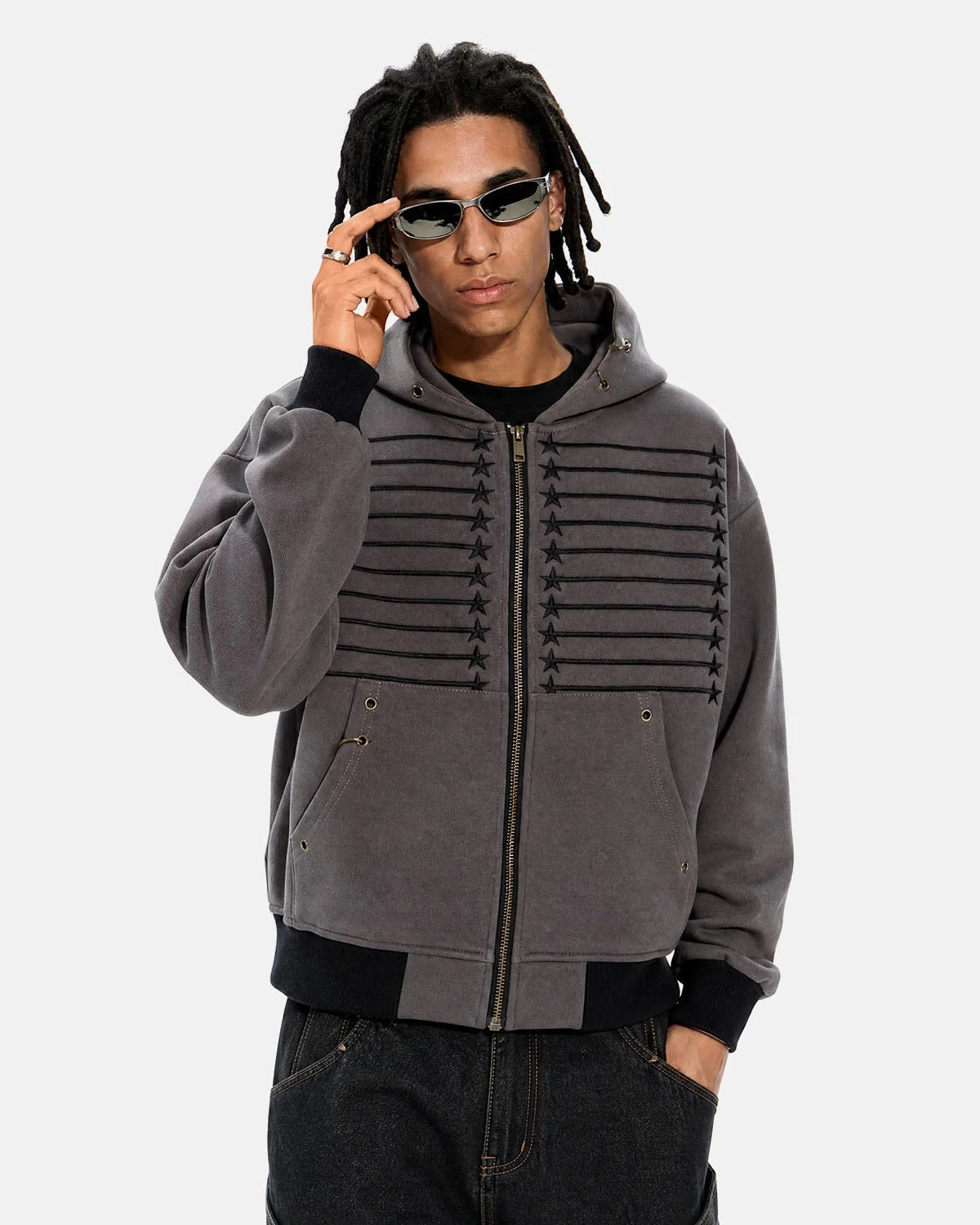 Omygoods Star Trim Graphic Boxy Zip Up Hoodie