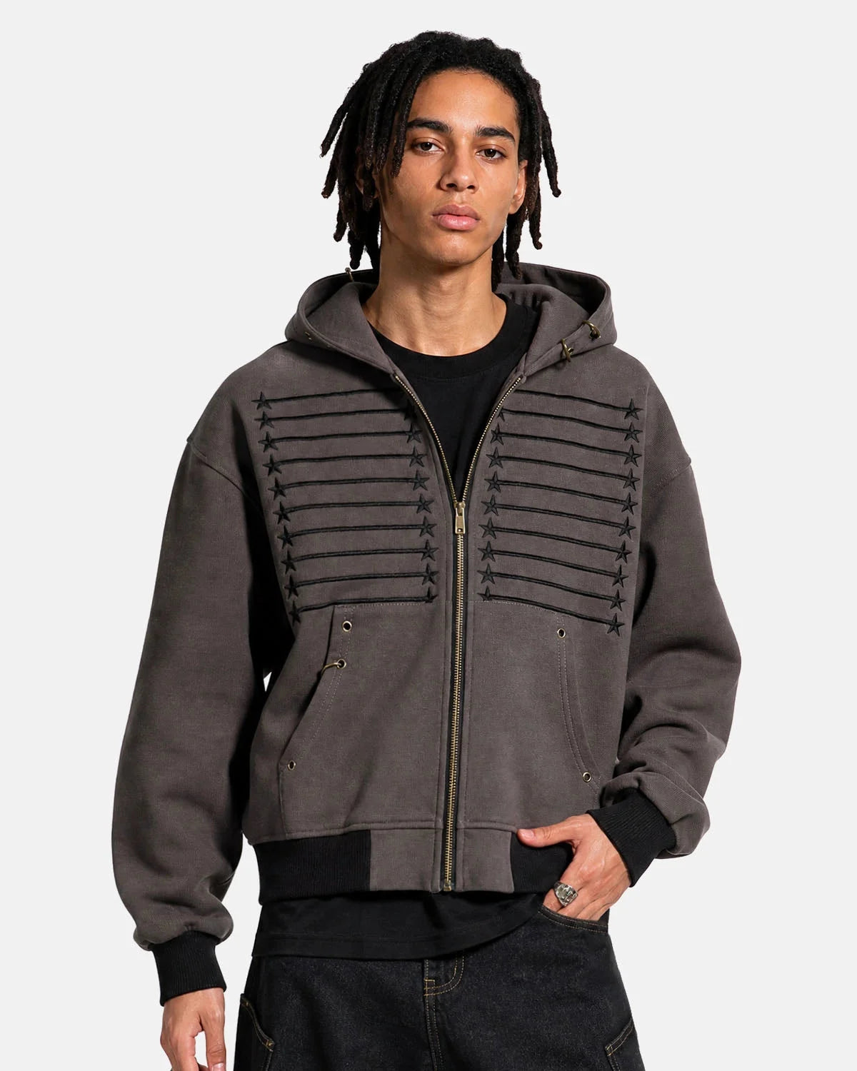 Omygoods Star Trim Graphic Boxy Zip Up Hoodie