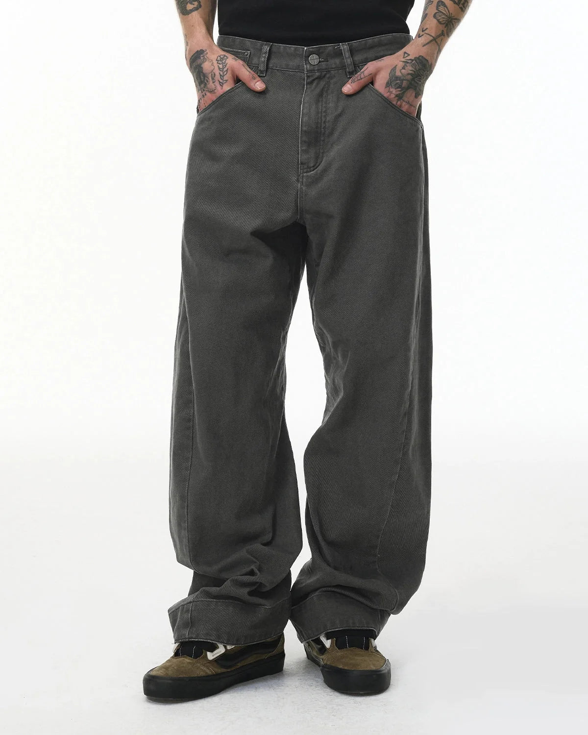Omygoods Stitching Flare Baggy Jeans