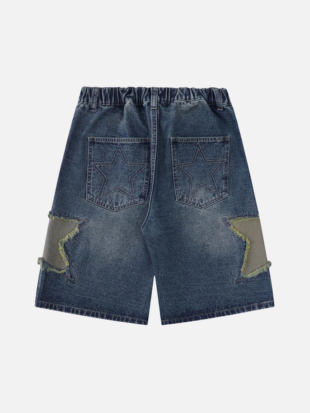 Omygoods Street Patchwork Star Embroidered Denim Shorts