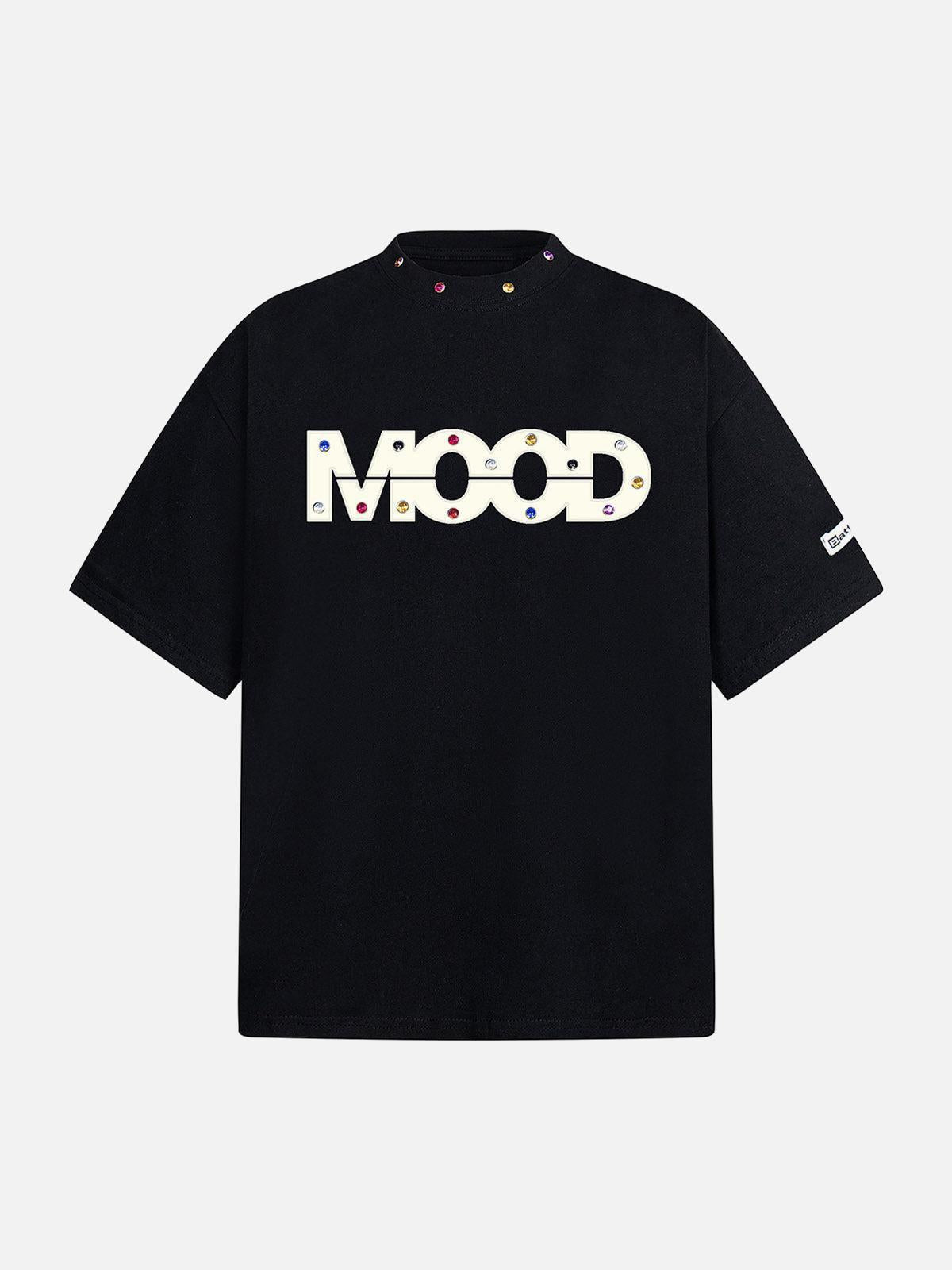 Omygoods Street Retro MOOD Patch Embroidered Rivet T-Shirt