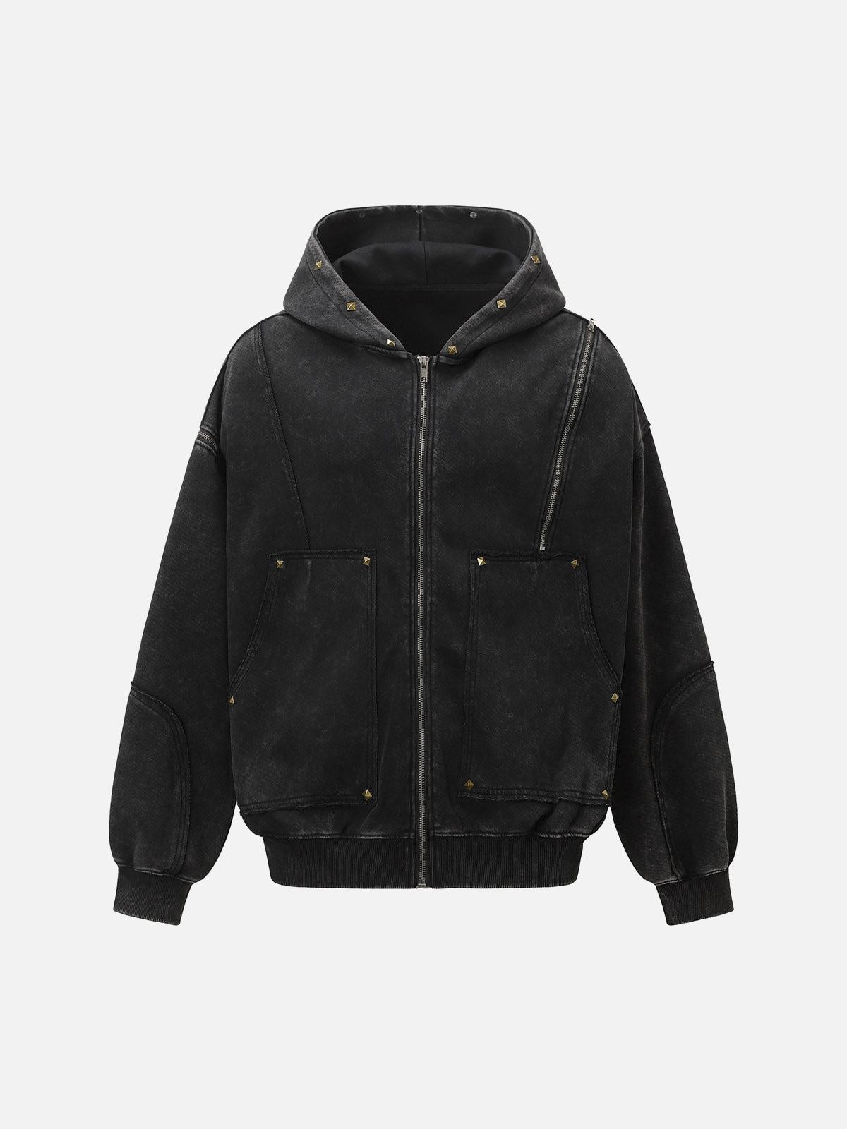 Omygoods Street Washed Distressed Stitching Rivet Hooded Jacket