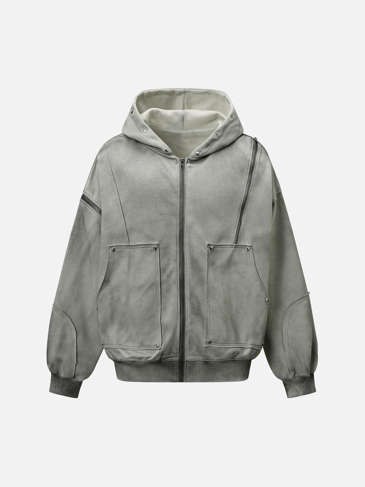 Omygoods Street Washed Distressed Stitching Rivet Hooded Jacket