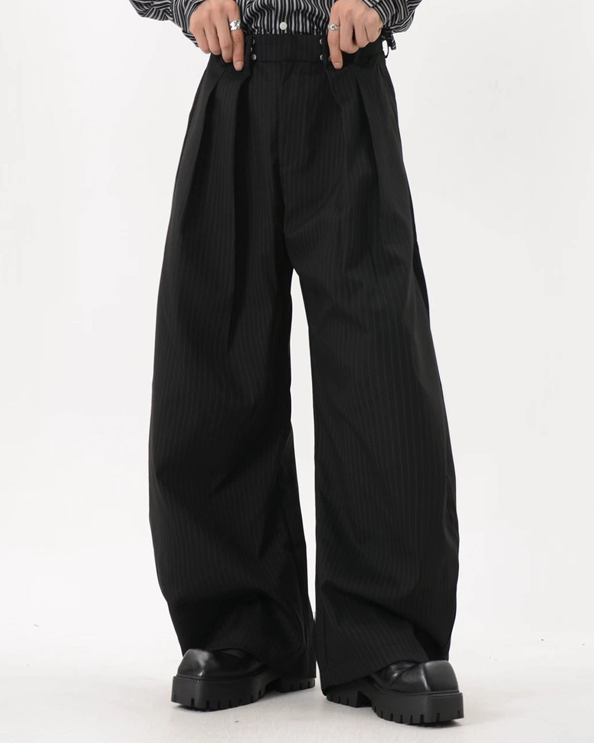 Omygoods Black Striped Barrel Suit Pant