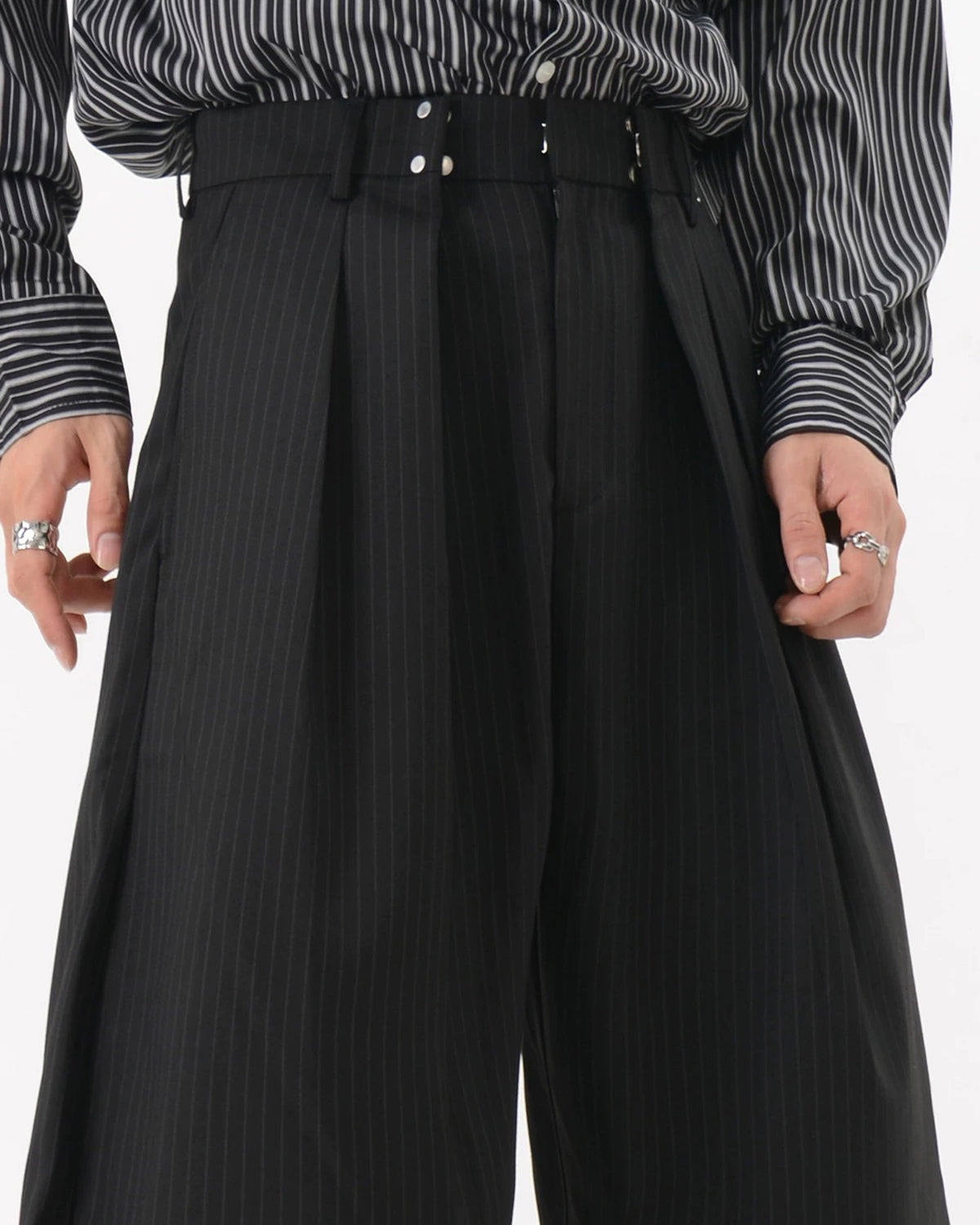 Omygoods Black Striped Barrel Suit Pant