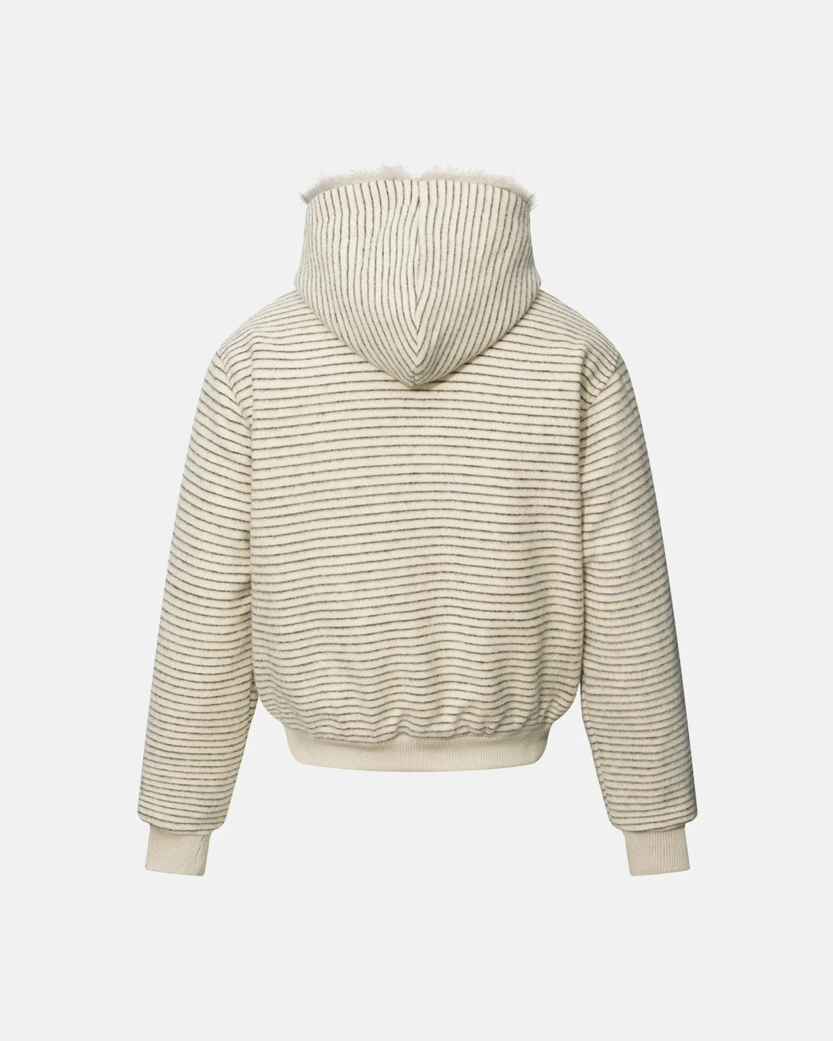 Omygoods Striped Faux Fur Hooded Bomber Jacket