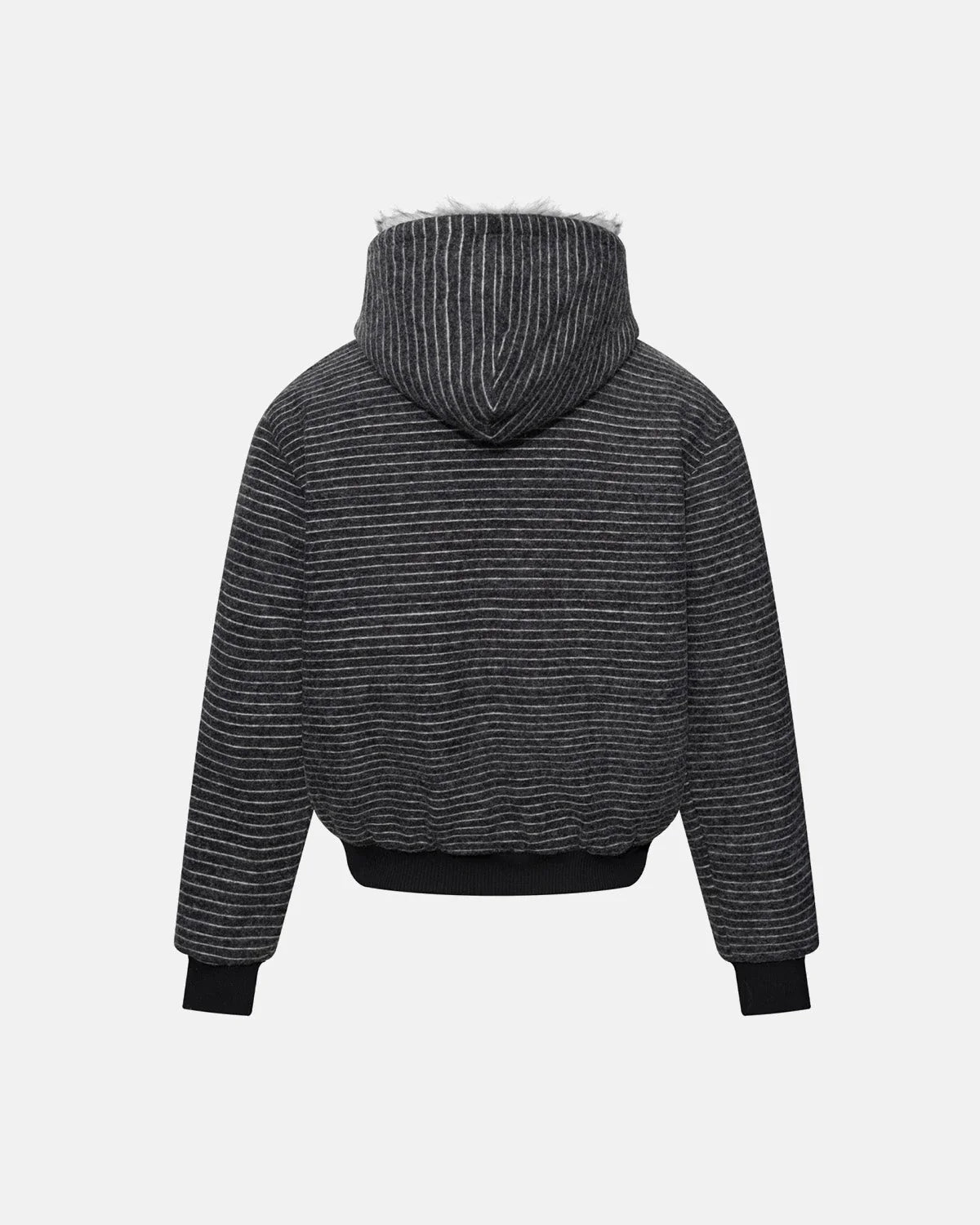 Omygoods Striped Faux Fur Hooded Bomber Jacket