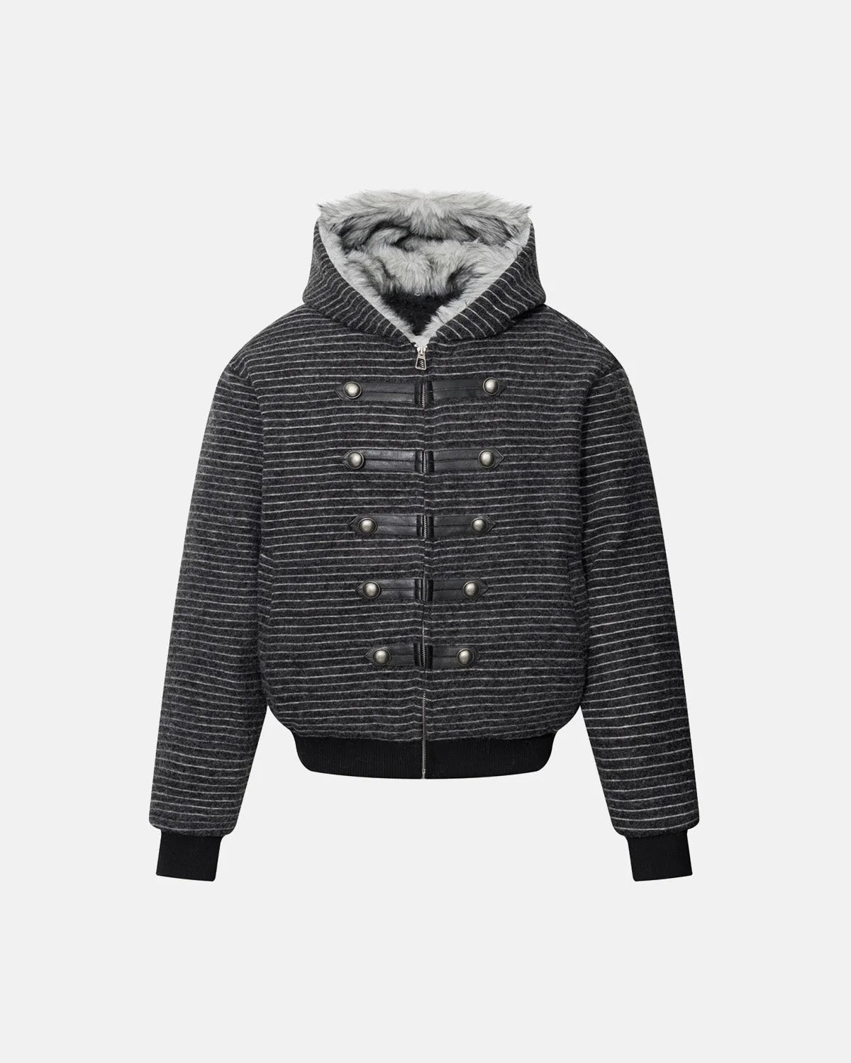 Omygoods Striped Faux Fur Hooded Bomber Jacket