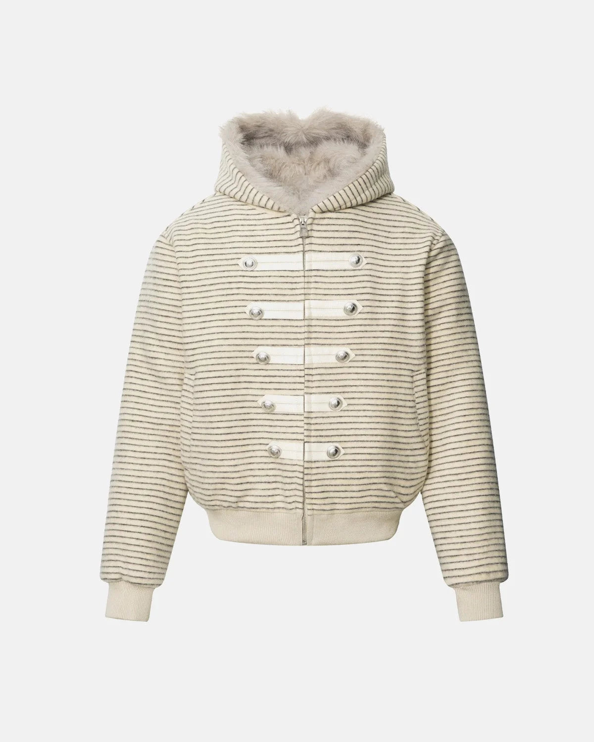 Omygoods Striped Faux Fur Hooded Bomber Jacket