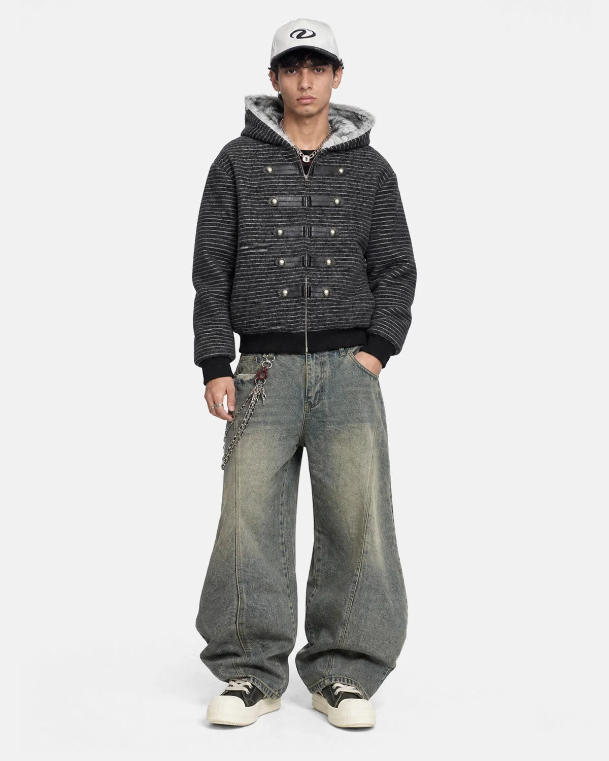 Omygoods Striped Faux Fur Hooded Bomber Jacket