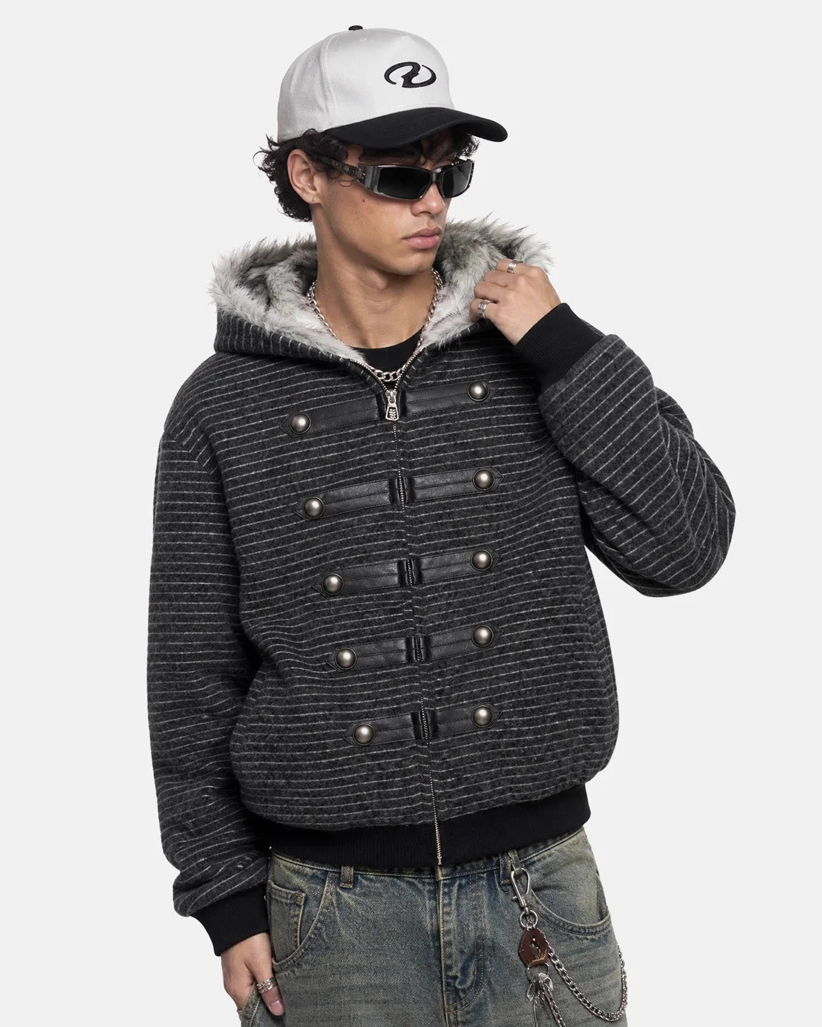 Omygoods Striped Faux Fur Hooded Bomber Jacket