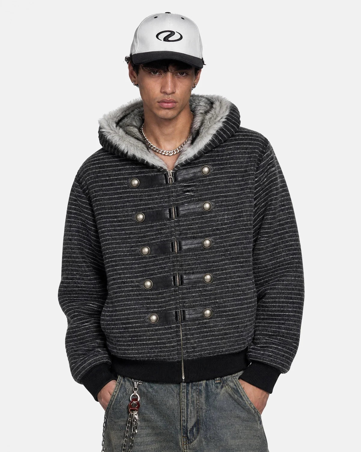 Omygoods Striped Faux Fur Hooded Bomber Jacket
