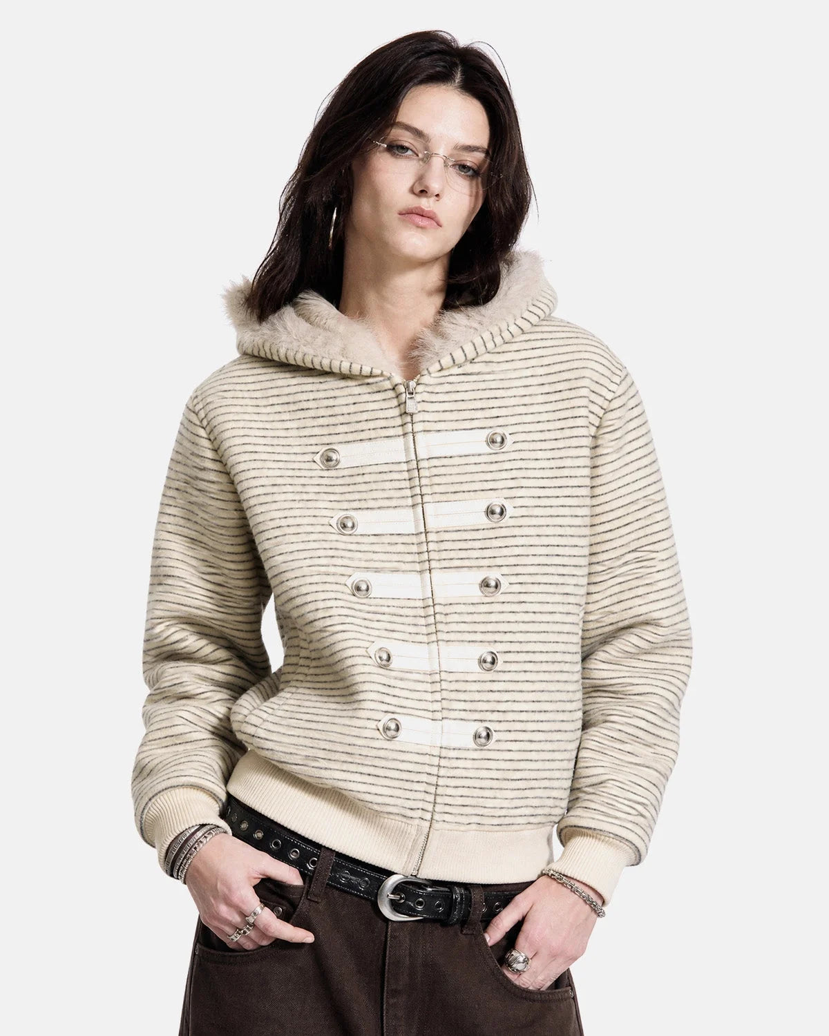 Omygoods Striped Faux Fur Hooded Bomber Jacket