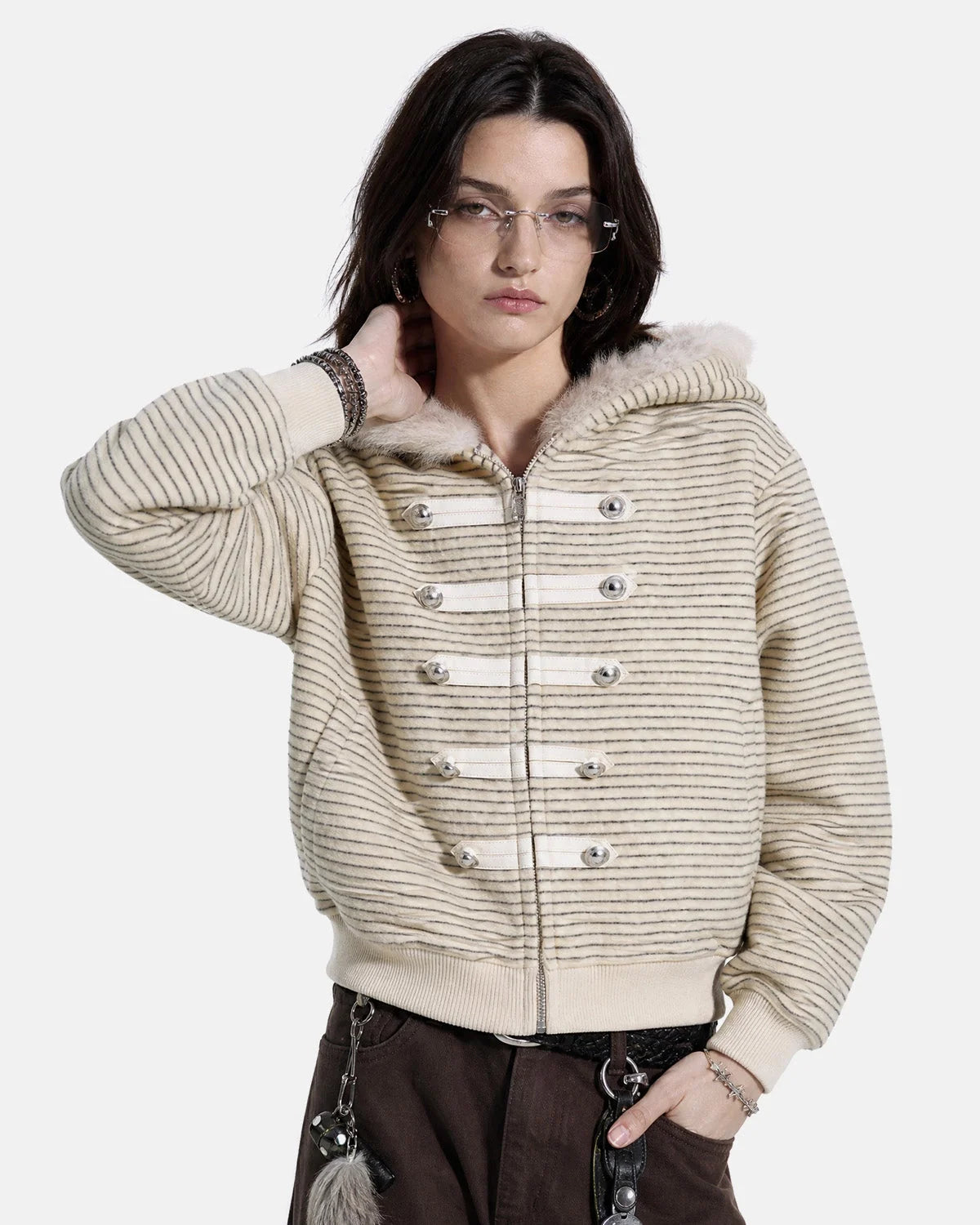 Omygoods Striped Faux Fur Hooded Bomber Jacket