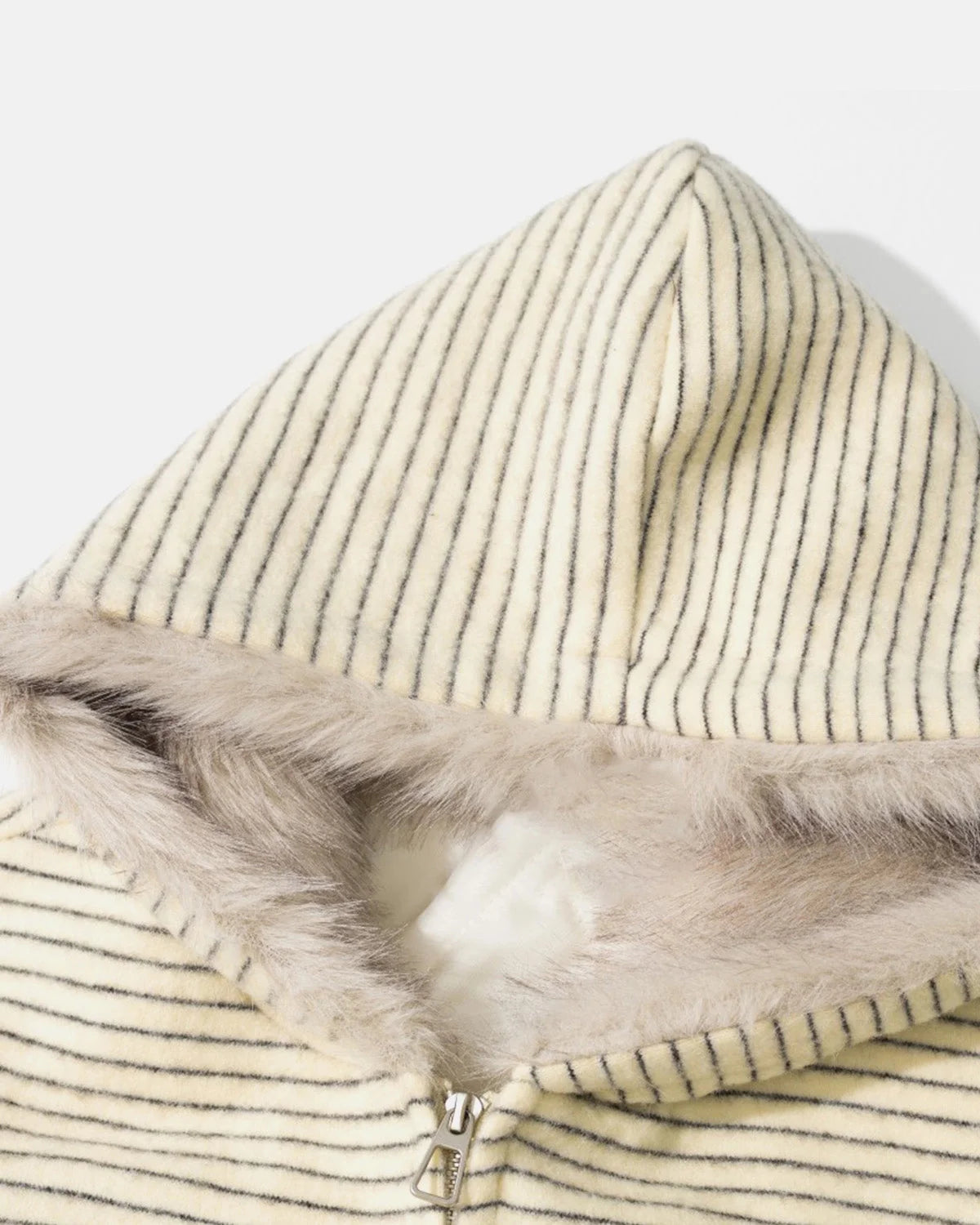 Omygoods Striped Faux Fur Hooded Bomber Jacket