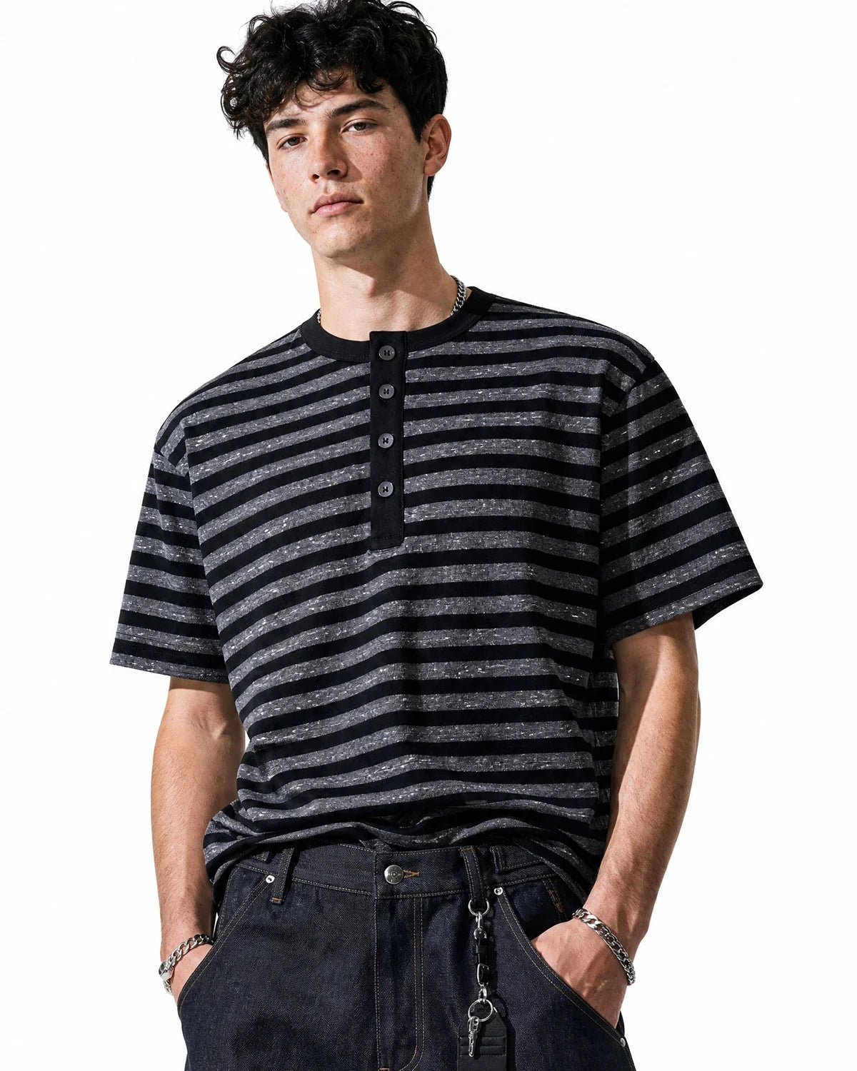 Omygoods Striped Henley Relaxed T-Shirt