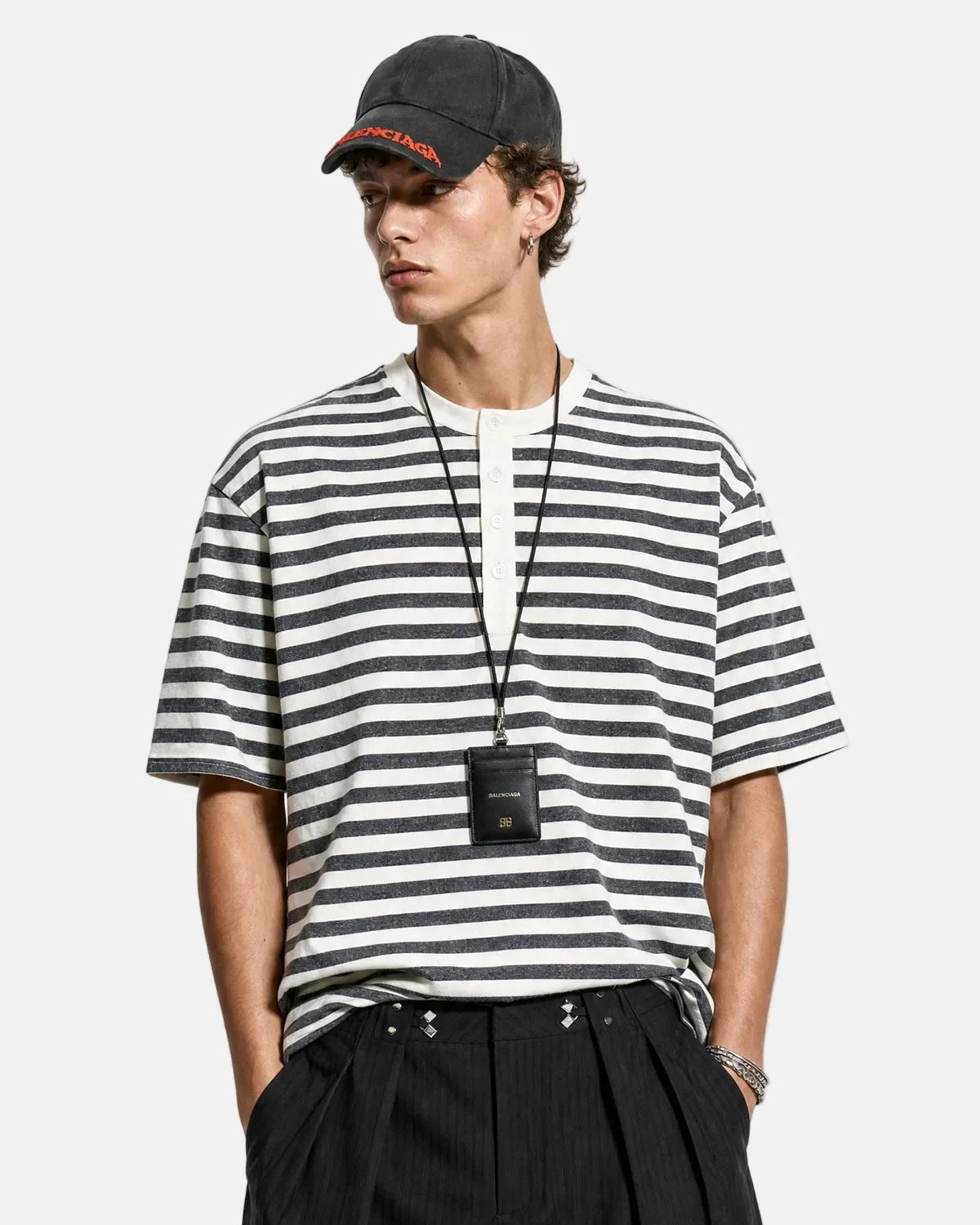 Omygoods Striped Henley Relaxed T-Shirt
