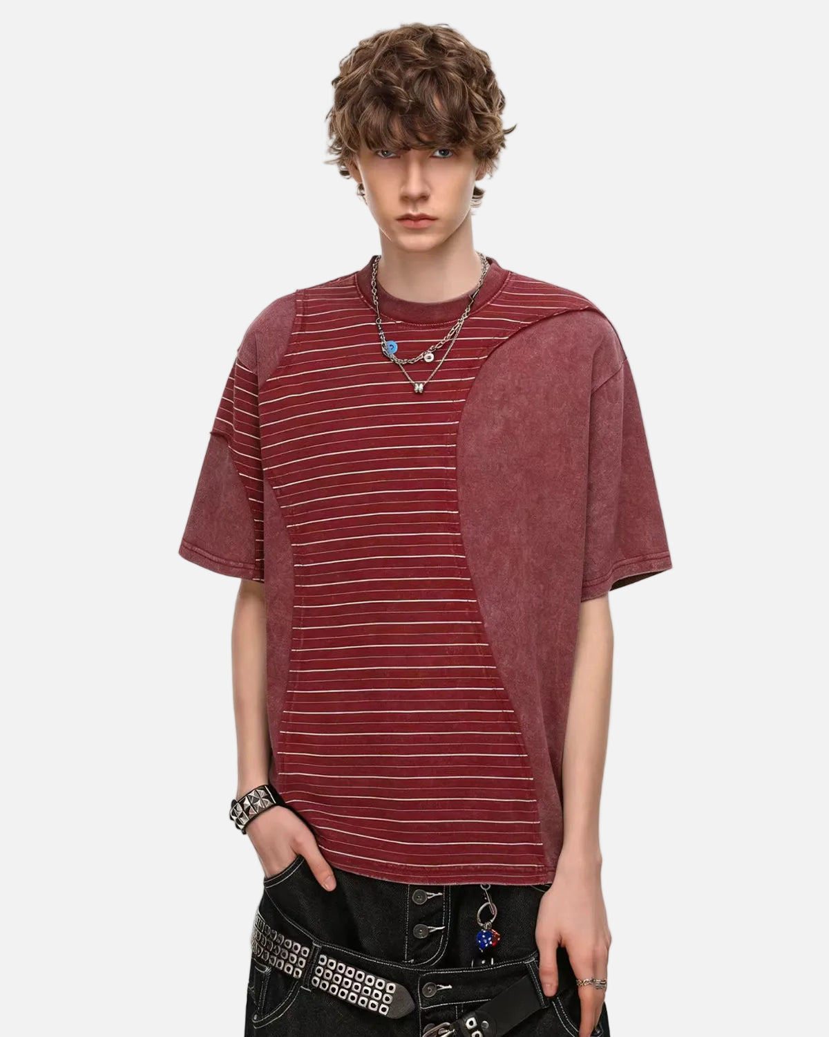 Omygoods Striped Patchwork Washed T-Shirt