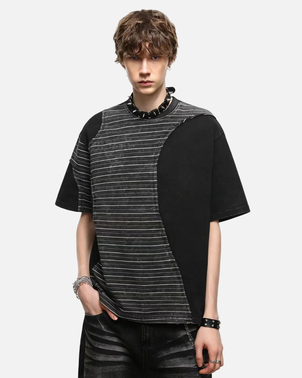Omygoods Striped Patchwork Washed T-Shirt