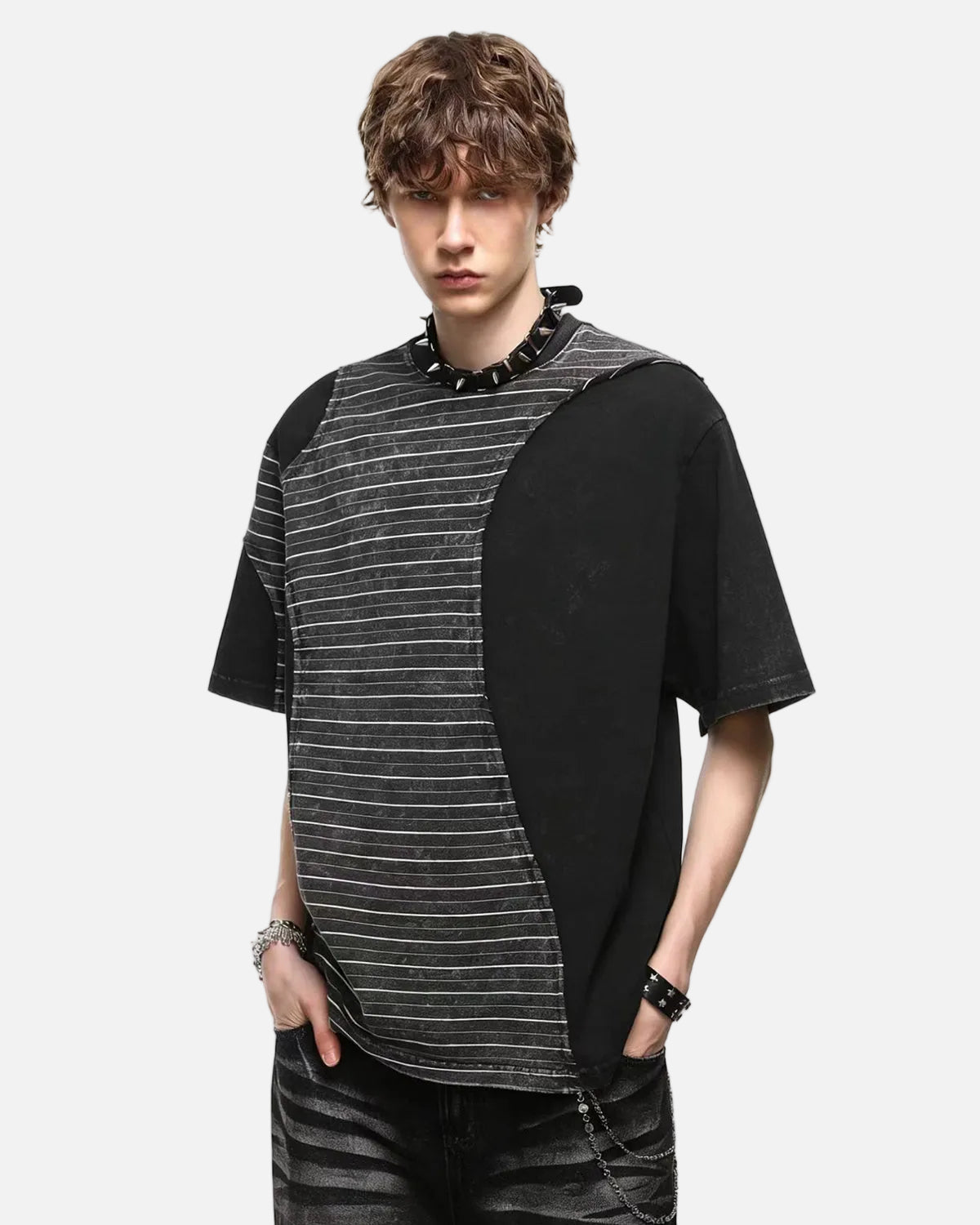 Omygoods Striped Patchwork Washed T-Shirt