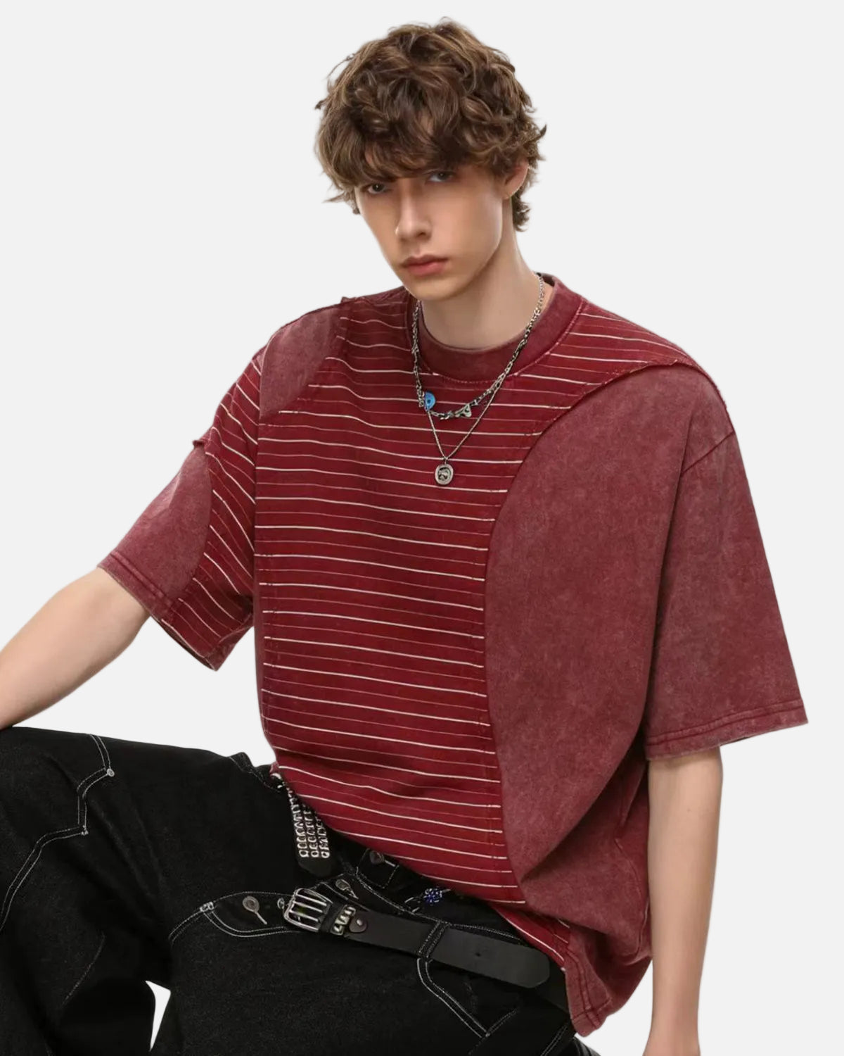 Omygoods Striped Patchwork Washed T-Shirt