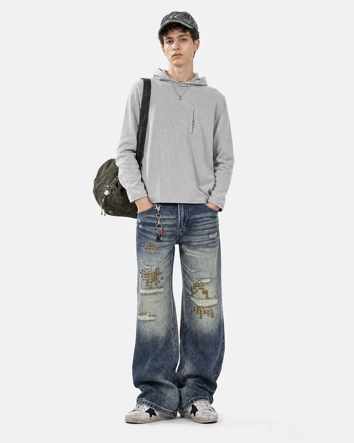 Omygoods Stud Distressed Bootcut Jeans