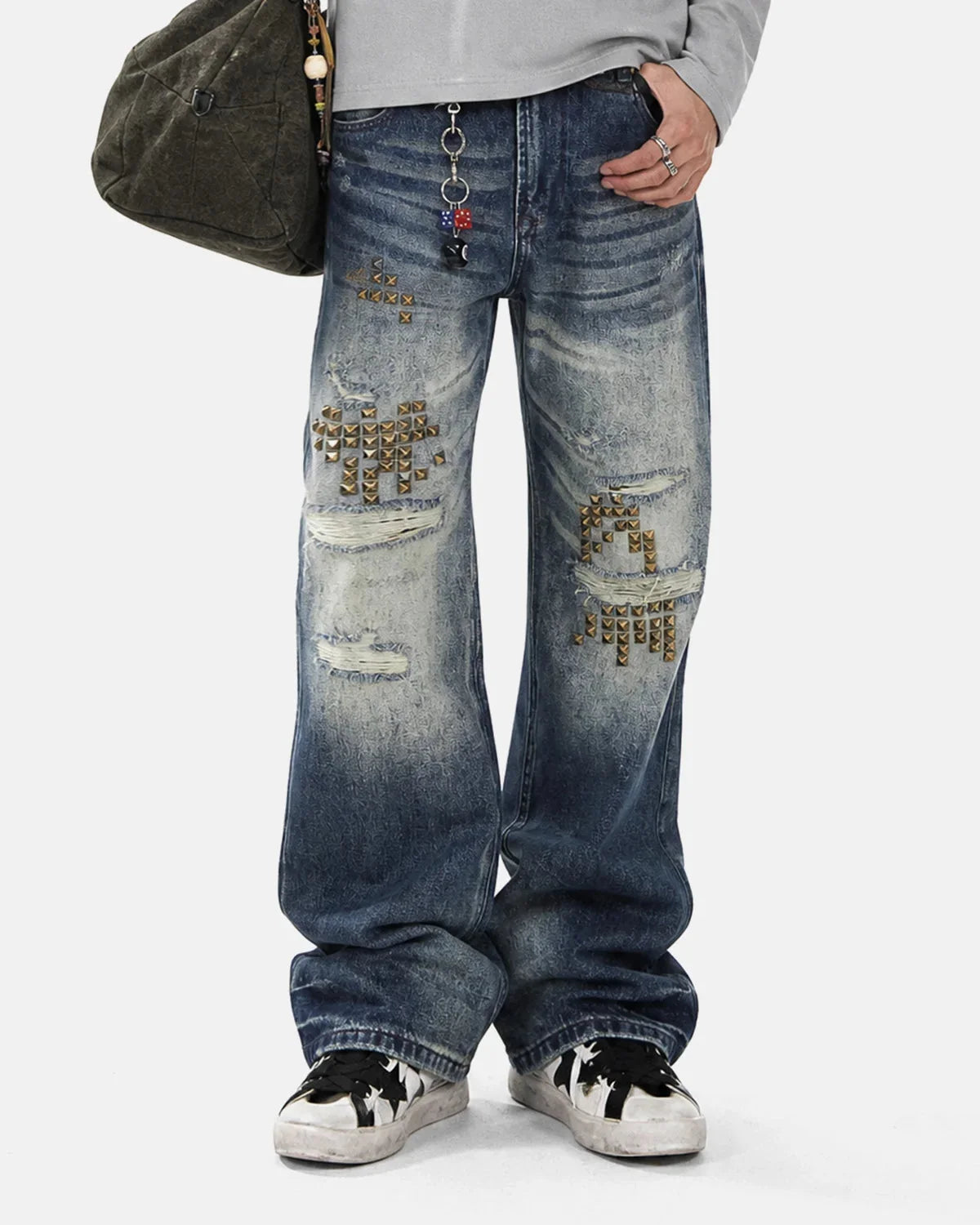 Omygoods Stud Distressed Bootcut Jeans