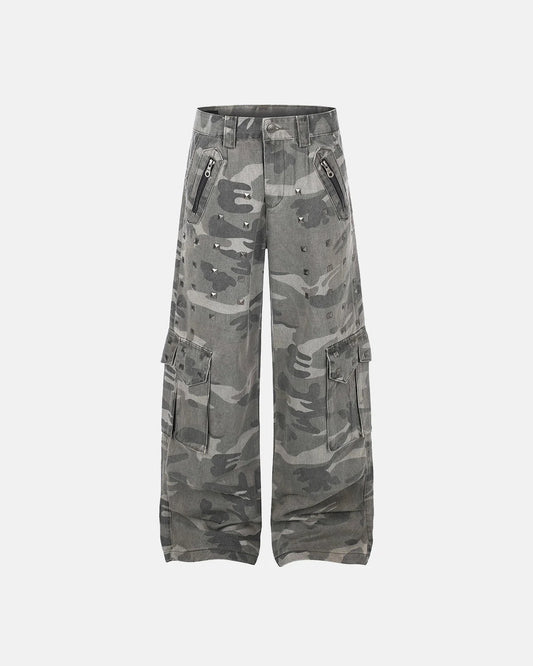 Omygoods Studded Camo Wide Leg Cargo Pants