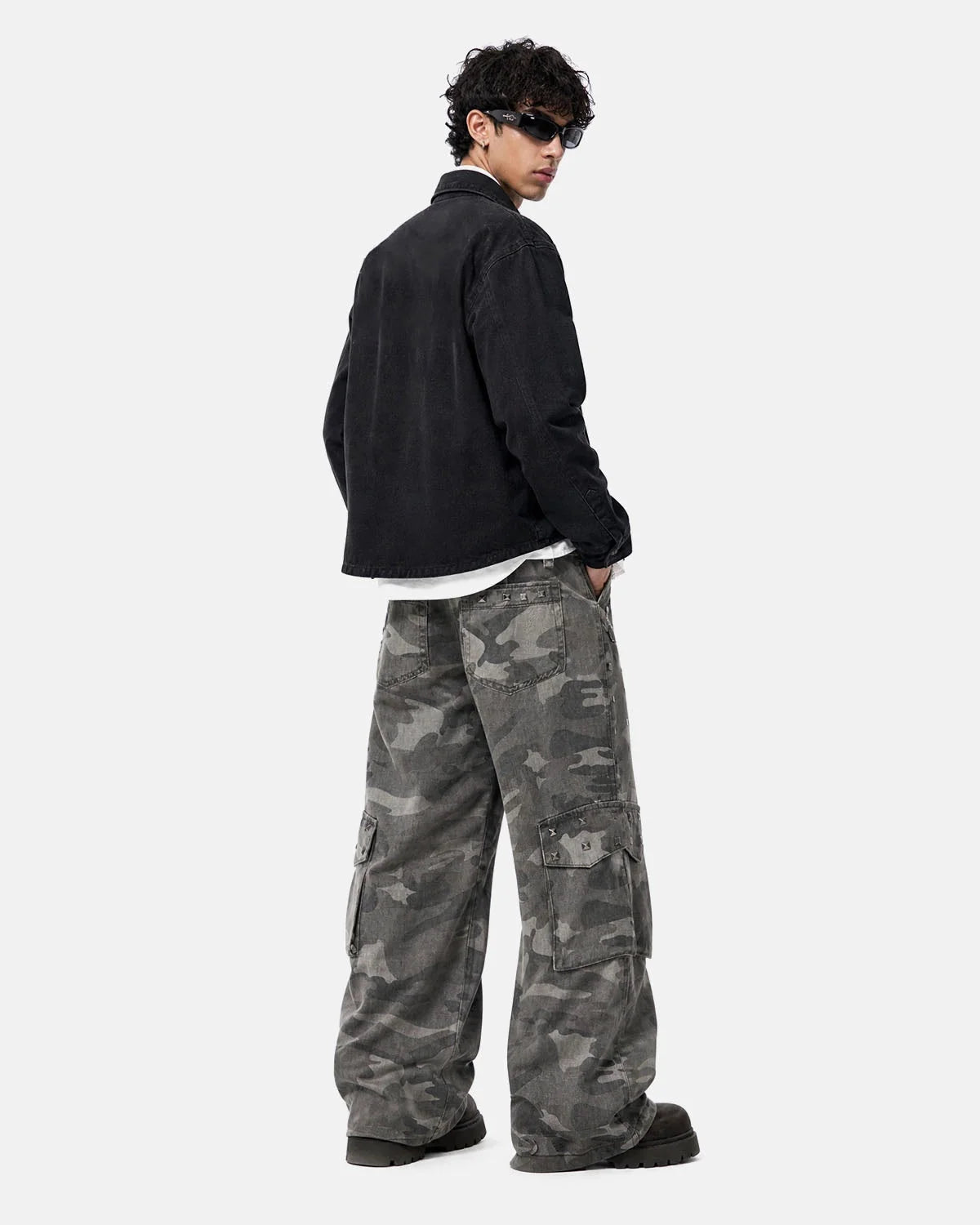 Omygoods Studded Camo Wide Leg Cargo Pants