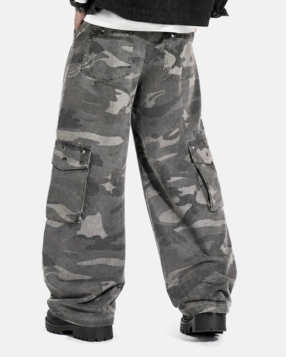 Omygoods Studded Camo Wide Leg Cargo Pants