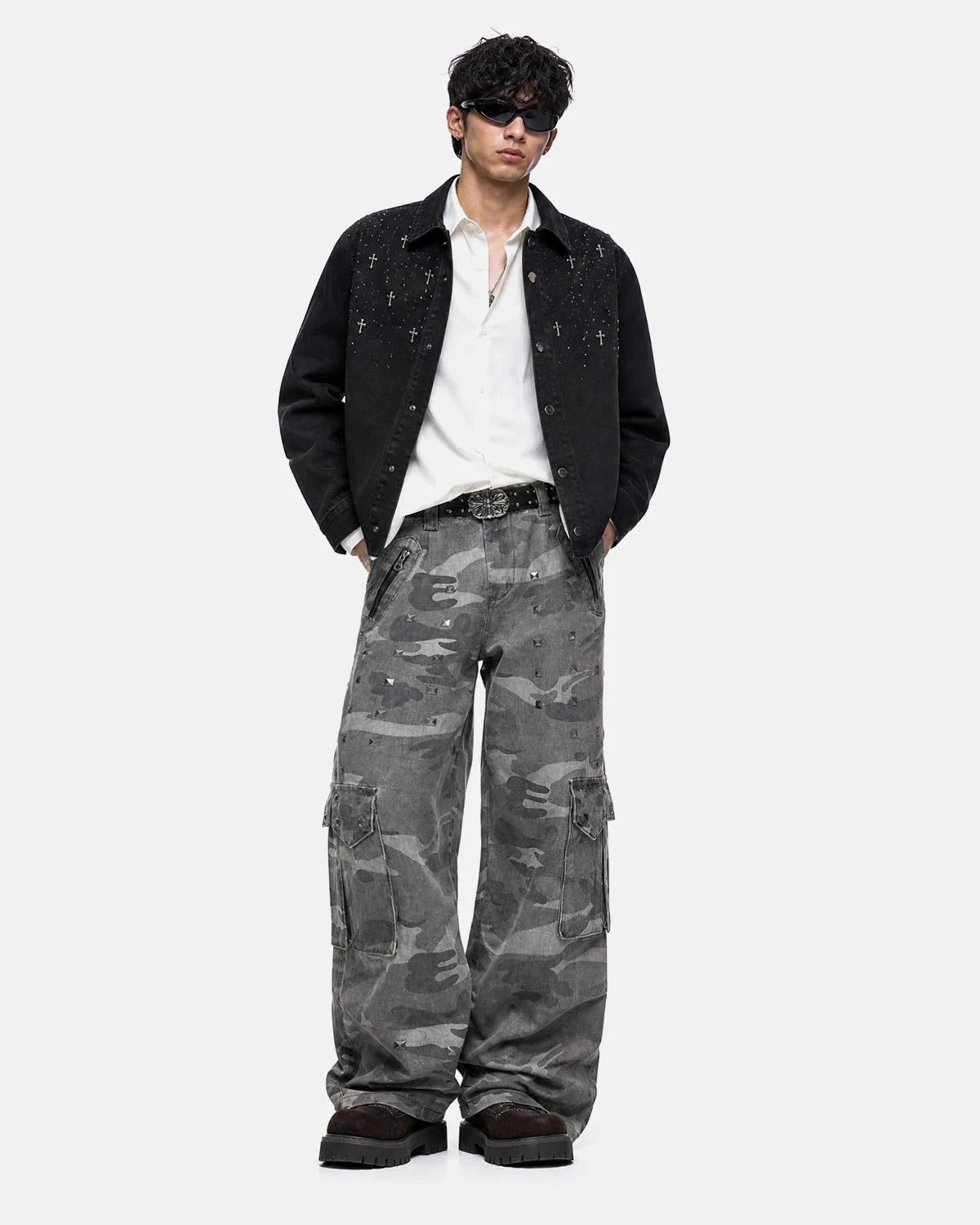 Omygoods Studded Camo Wide Leg Cargo Pants