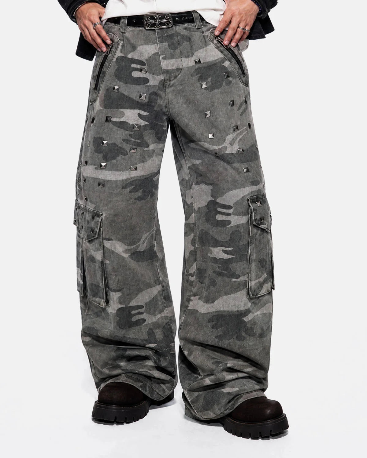 Omygoods Studded Camo Wide Leg Cargo Pants