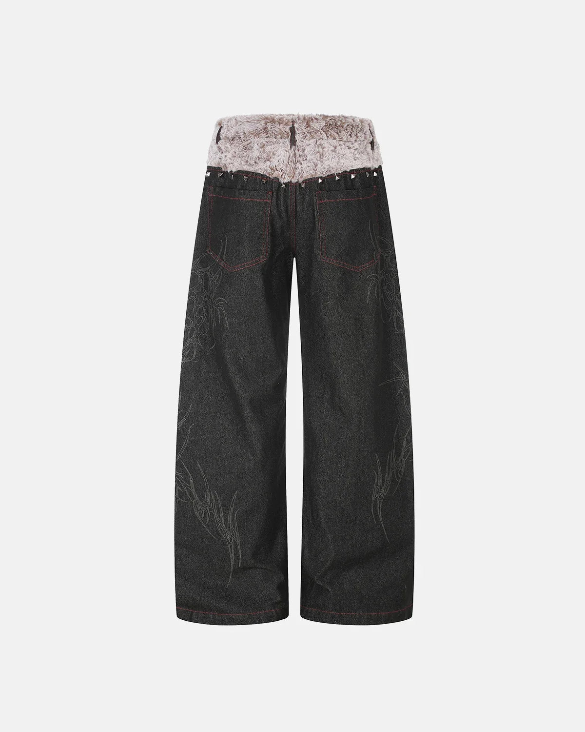 Omygoods Studded Faux Fur Waistband Baggy Jeans