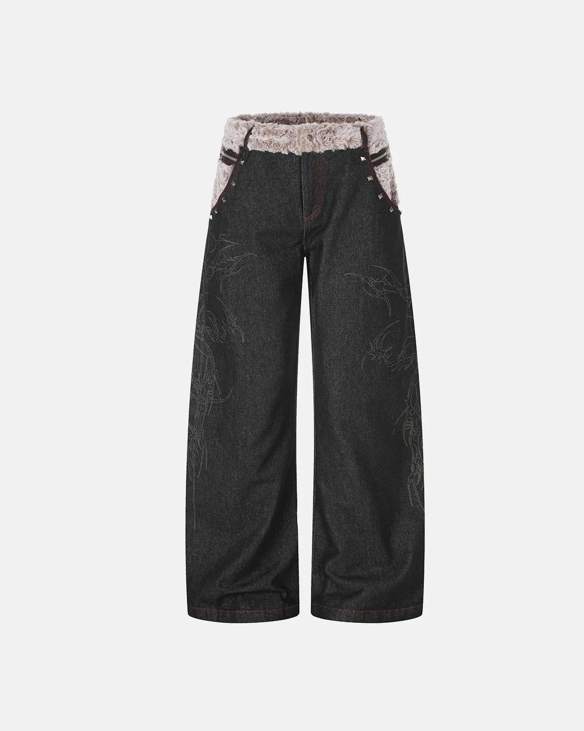 Omygoods Studded Faux Fur Waistband Baggy Jeans