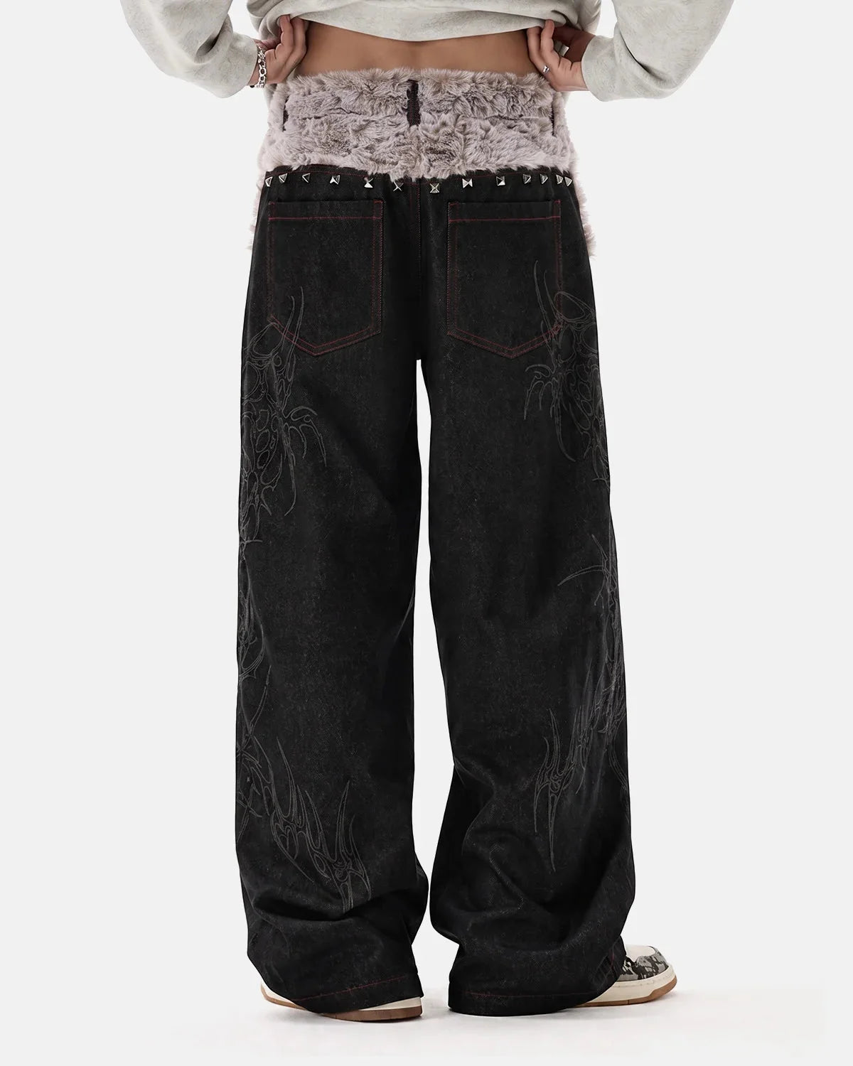 Omygoods Studded Faux Fur Waistband Baggy Jeans