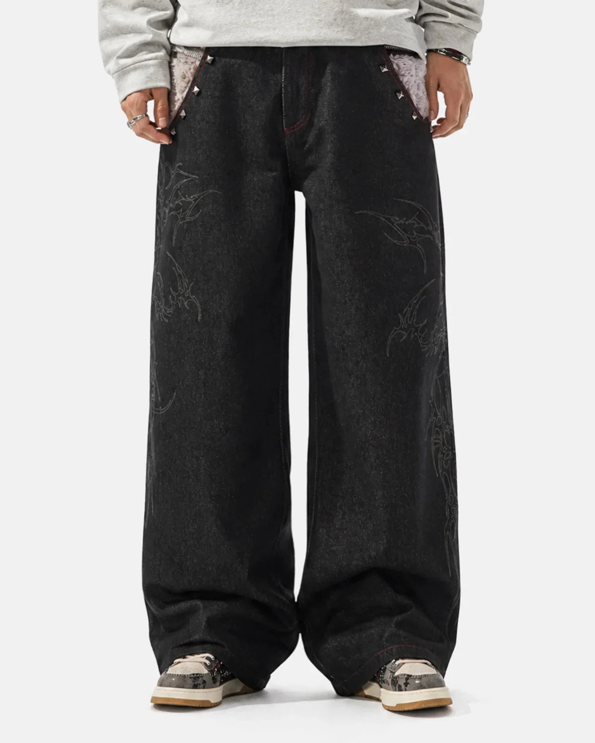 Omygoods Studded Faux Fur Waistband Baggy Jeans