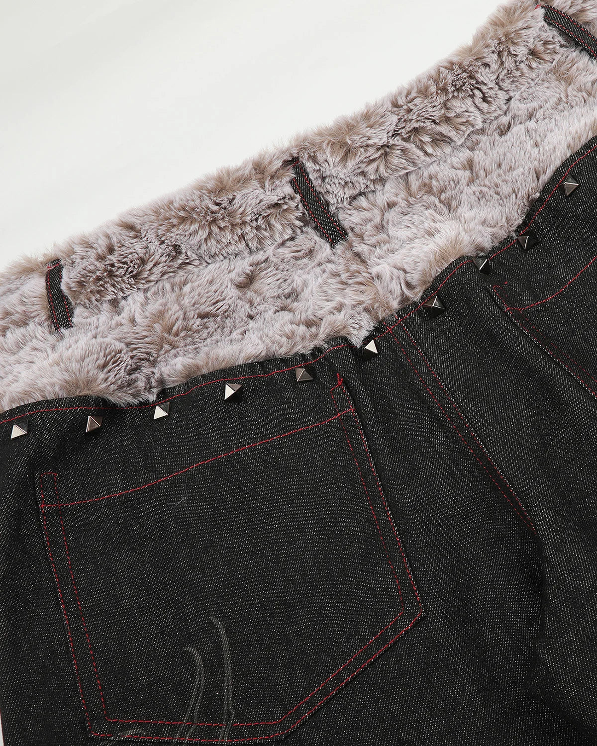 Omygoods Studded Faux Fur Waistband Baggy Jeans
