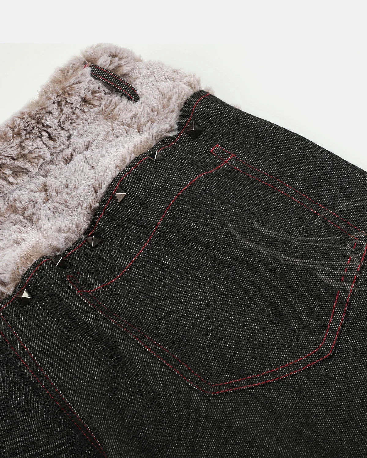 Omygoods Studded Faux Fur Waistband Baggy Jeans
