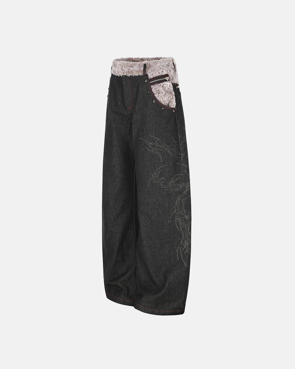 Omygoods Studded Faux Fur Waistband Baggy Jeans