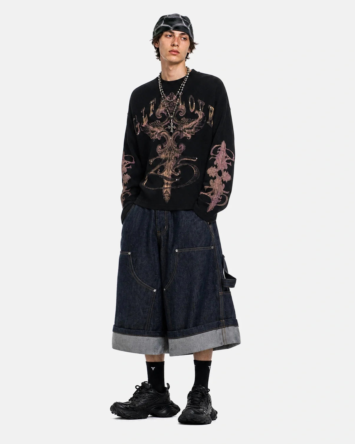 Omygoods Studded Gothic Cross Waffle Long Sleeve T-Shirt