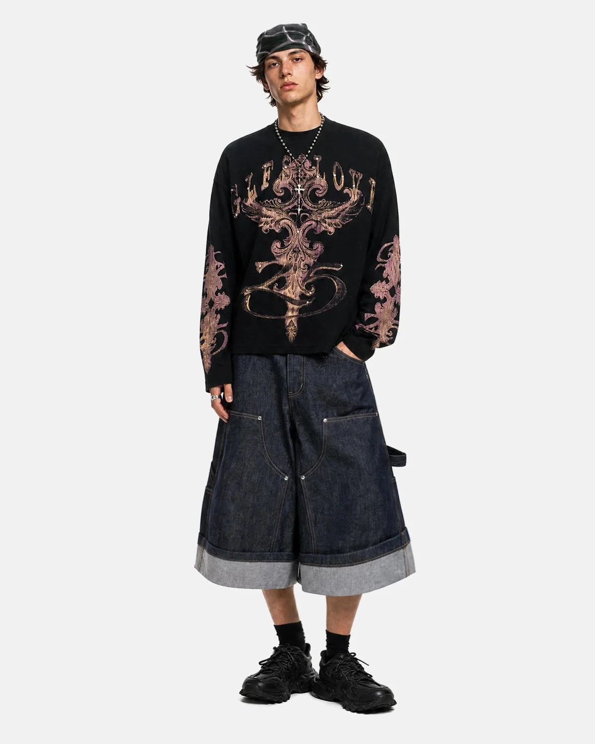 Omygoods Studded Gothic Cross Waffle Long Sleeve T-Shirt