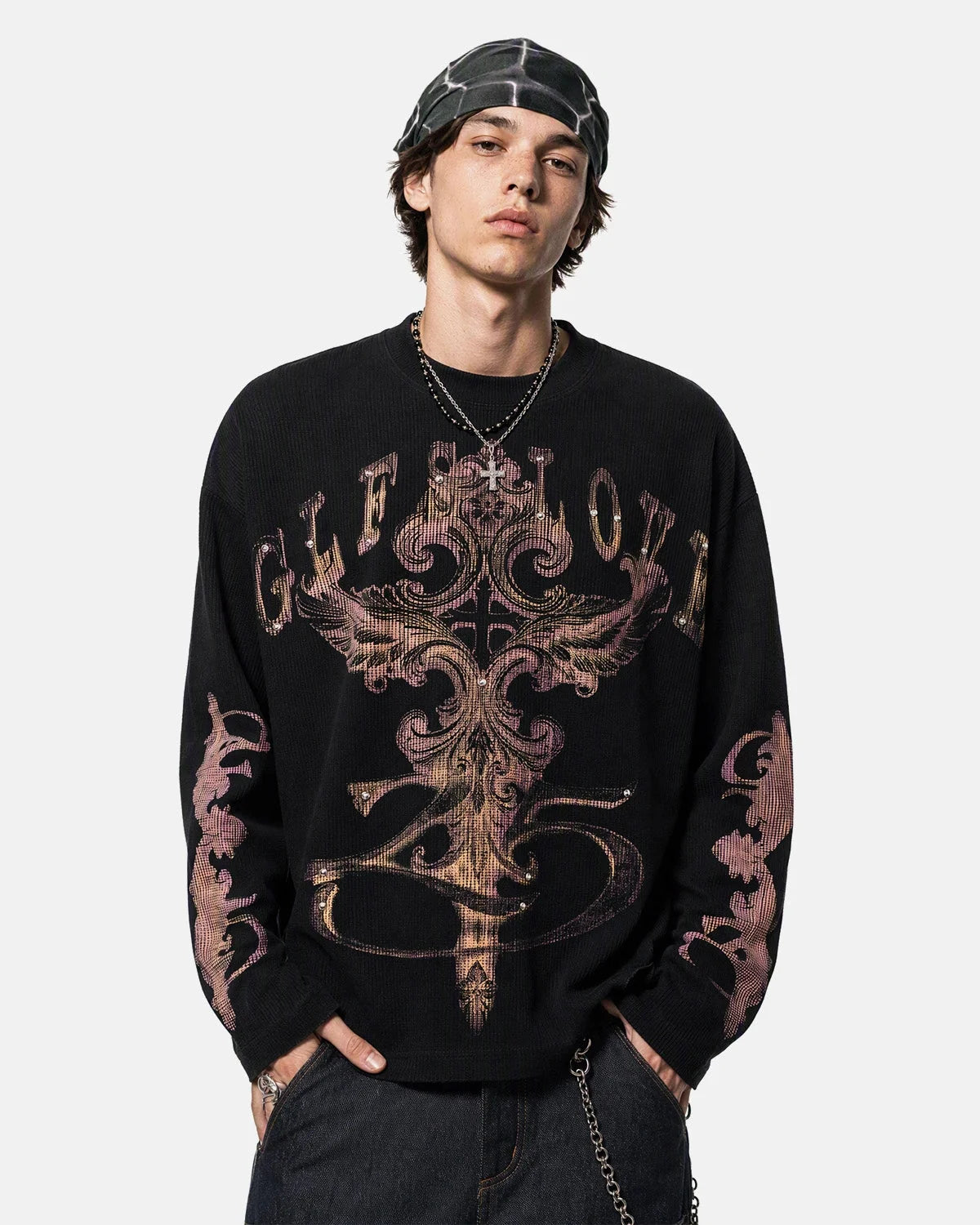 Omygoods Studded Gothic Cross Waffle Long Sleeve T-Shirt