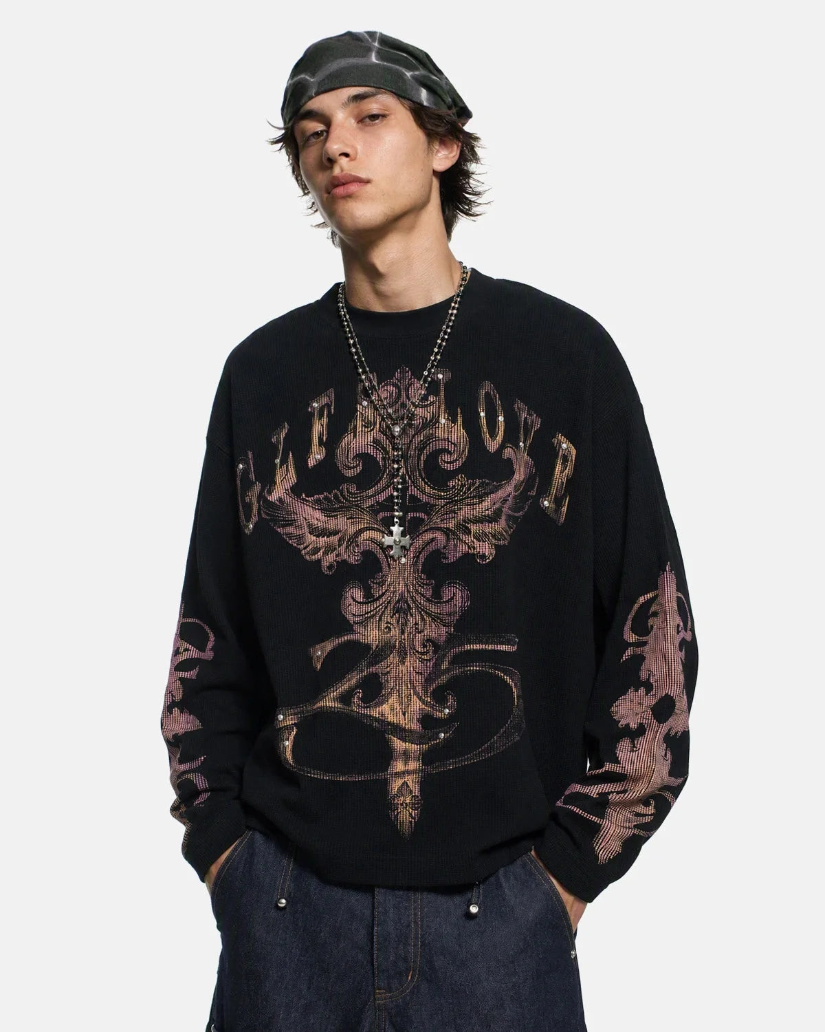 Omygoods Studded Gothic Cross Waffle Long Sleeve T-Shirt